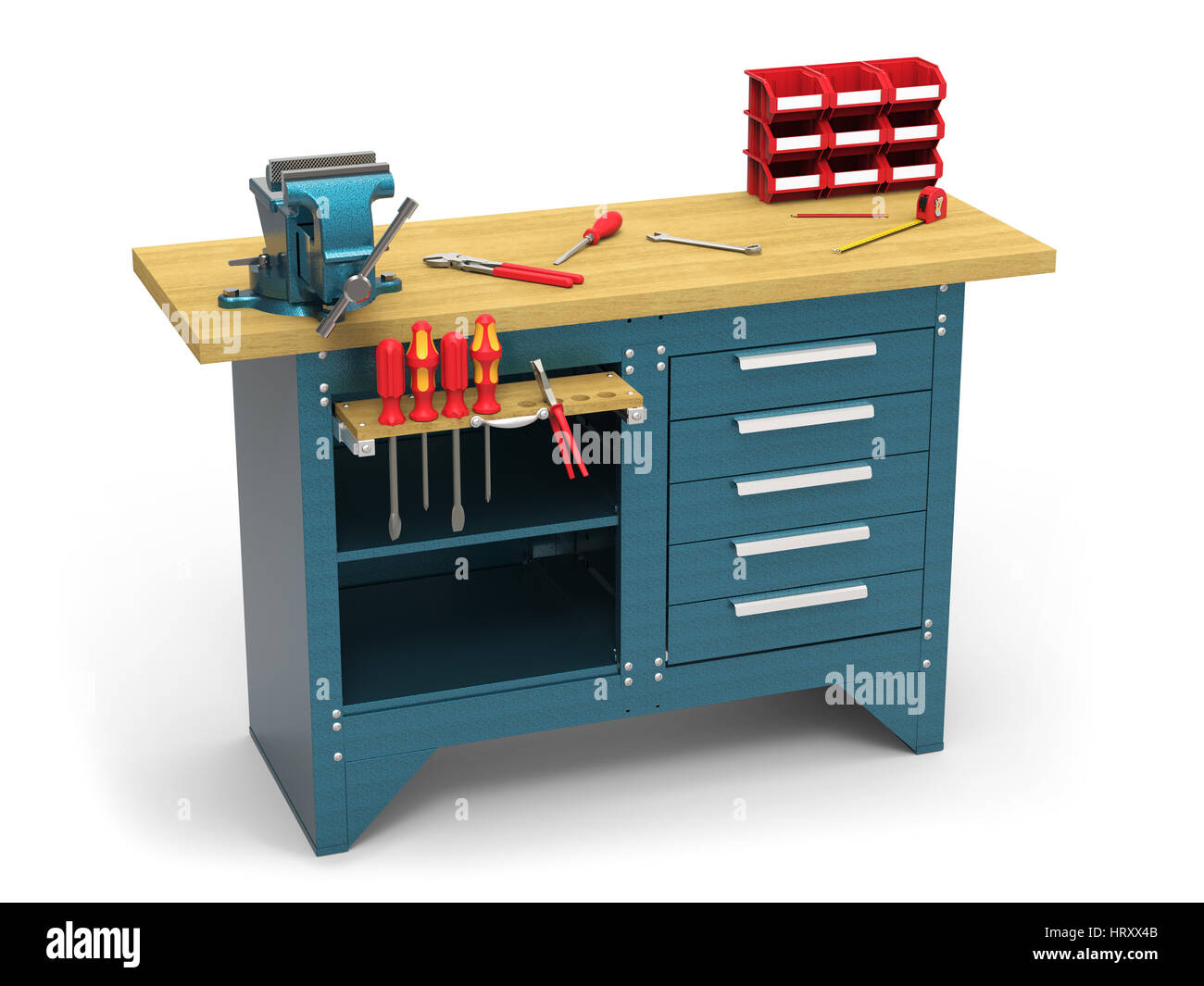 Banc de travail avec des outils sur fond blanc le rendu 3D Banque D'Images