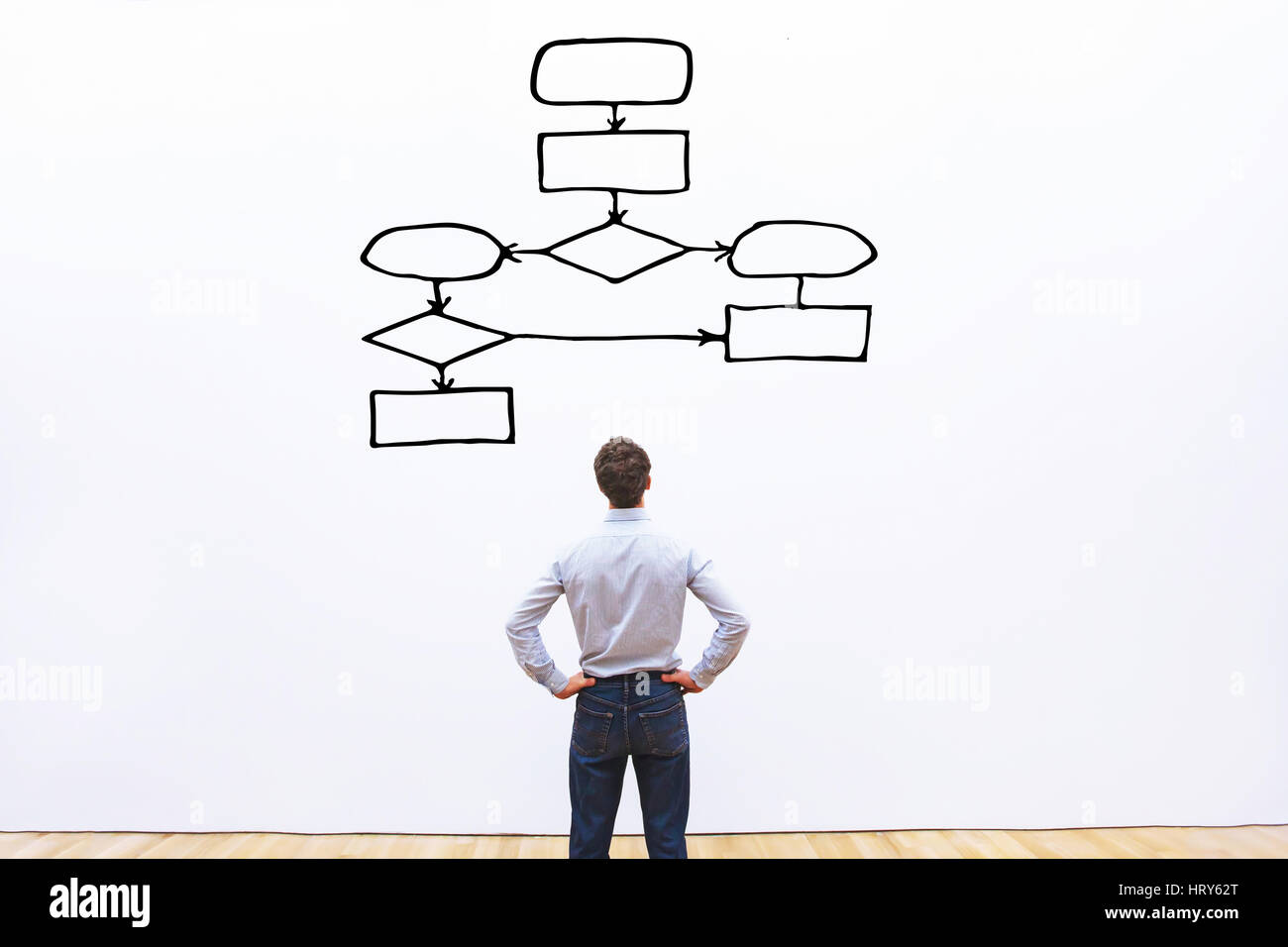 Concept des processus, workflow, businessman looking at l'organigramme Banque D'Images