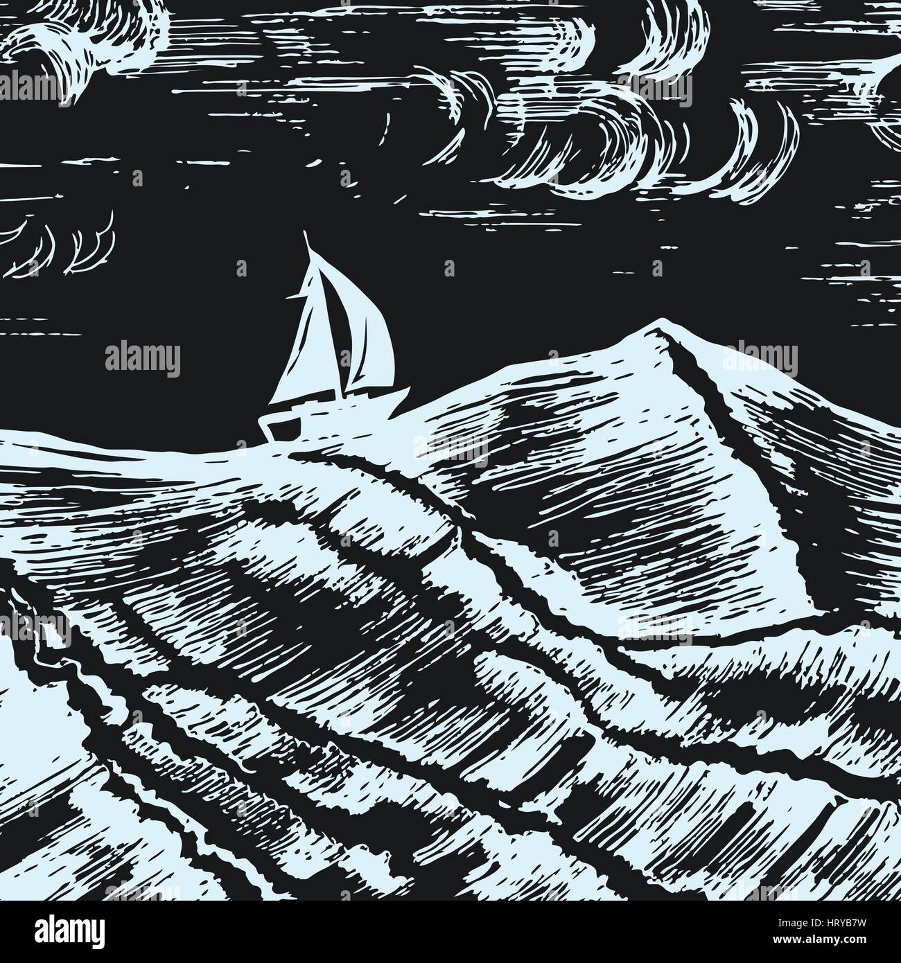 Navire à voile à nager dans une esquisse de scénario sur les grandes vagues de tempête Illustration de Vecteur