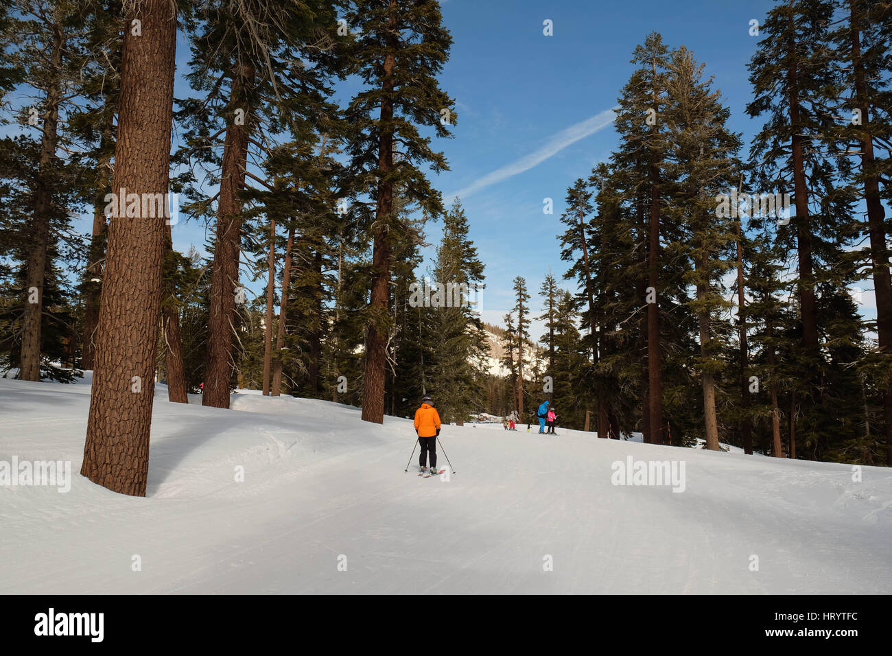 Mammoth Lakes, California, USA. 4e Mar, 2017. Ski et snowboard riders dans les sentiers bordés d'apprécier les niveaux historiques de la neige sur les pentes à Mammoth Mountain Ski Resort. 43 pieds de neige sont tombés sur le Mammoth Mountain Ski Resort dans le sud de la Californie jusqu'à présent cette saison, avec la neige accumulée autour des cabines et des allées. Autoroutes et les écoles de la Sierra ont été fermées à l'occasion, et les pompiers ont du mal à trouver d'incendie. Nouvelles mesures depuis le ministère des Ressources en eau de la Californie montrent que l'hiver humide incroyablement a donné lieu dans la ville historique Banque D'Images