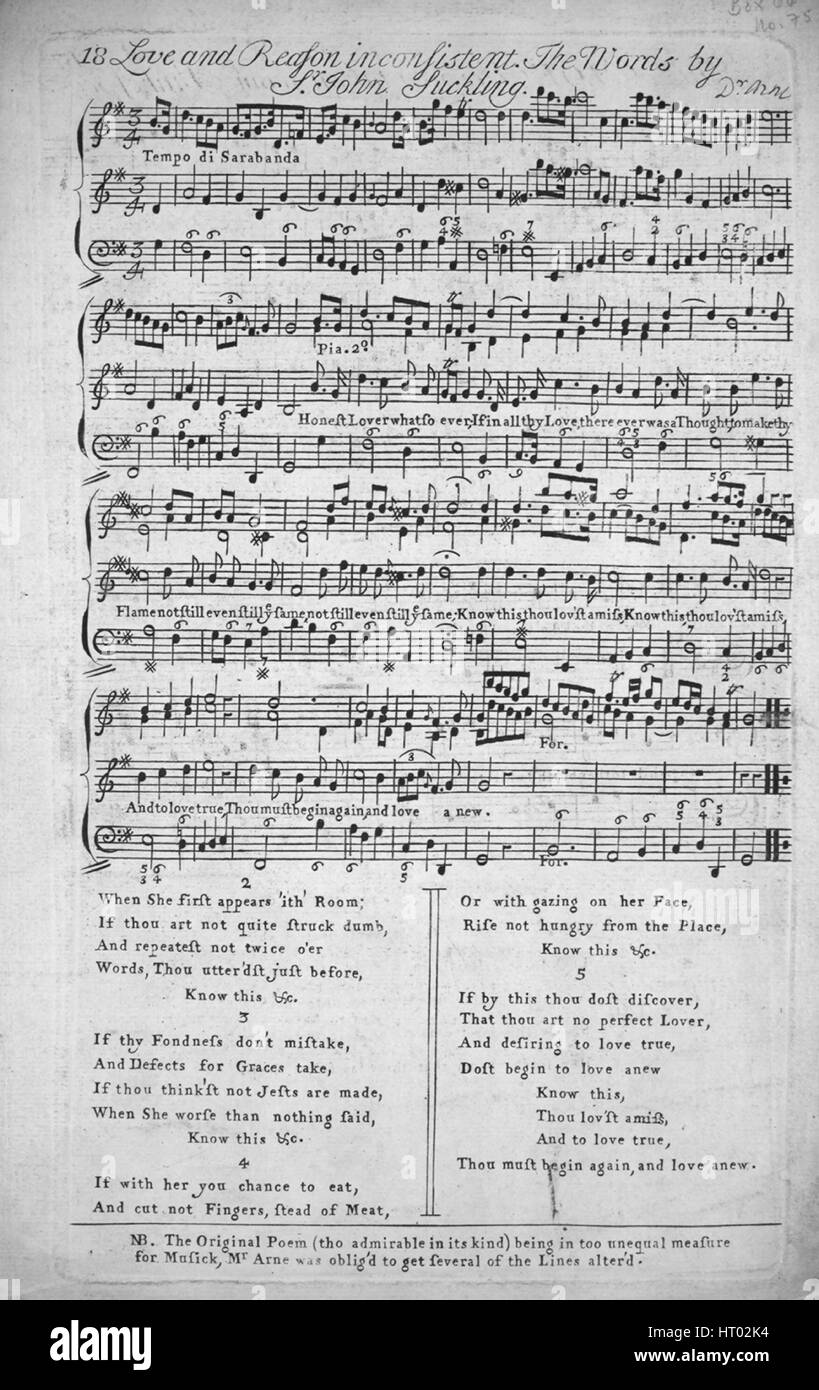 Sheet Music image de couverture de la chanson 'l'amour et de l'esprit  contraire', avec une œuvre originale lecture notes 'les paroles par Sr John  Suckling [Musique Dr Arne]', 1900. L'éditeur est répertorié