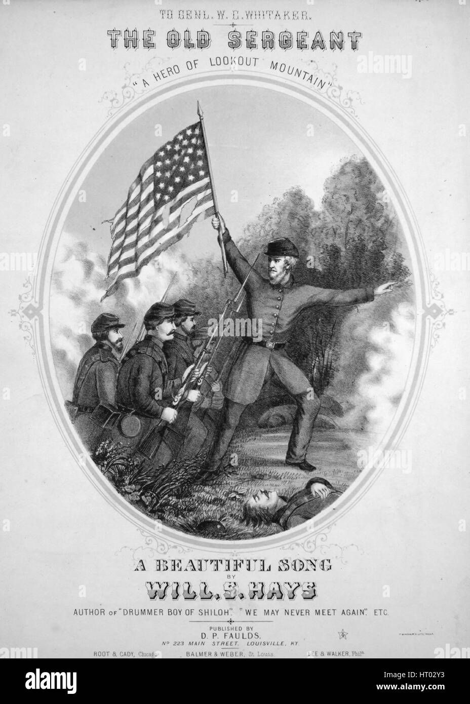 Sheet Music image de couverture de la chanson 'le vieux Sergent 'un héros de  Lookout Mountain'', avec des notes d'auteur original lire 'une belle  chanson par VA S Hays', 1864. L'éditeur est