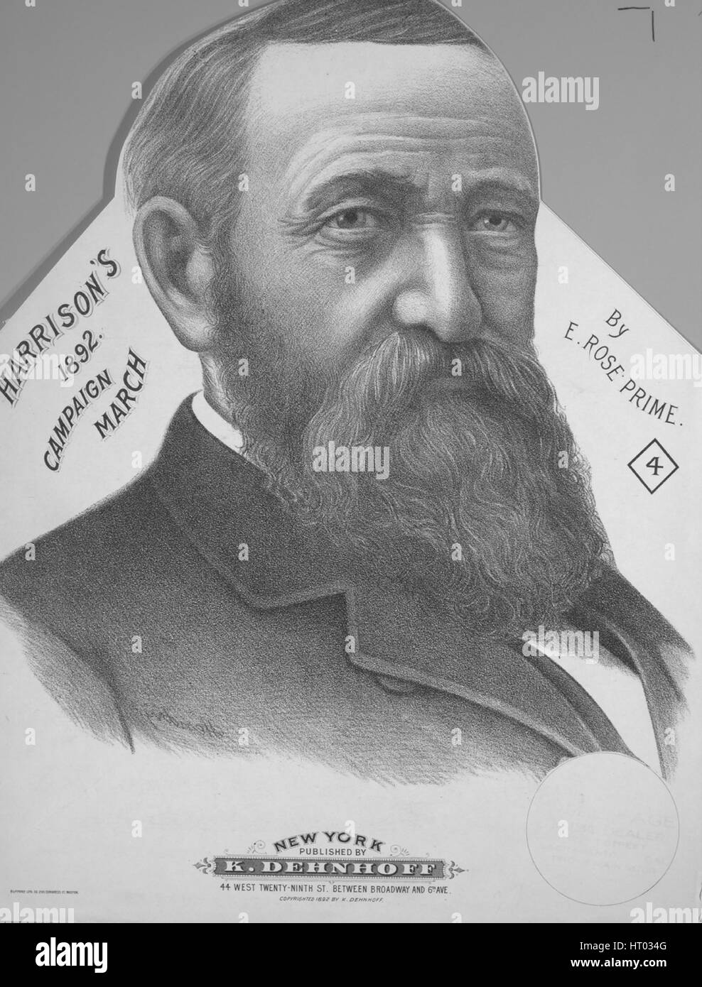 Sheet Music image de couverture de la chanson 'Harrison's 1892 Mars campagne', avec l'auteur original "Lecture notes par e Rose Premier', United States, 1892. L'éditeur est répertorié comme "K. Dehnhoff, 44 West 29e St., entre Broadway et la 6ème Avenue.', la forme de la composition est 'da capo', l'instrumentation est 'piano', la première ligne se lit 'Aucun', et l'illustration artiste est répertorié comme 'Bufford Lith. Co. 299 St. Congrès Boston'. Banque D'Images