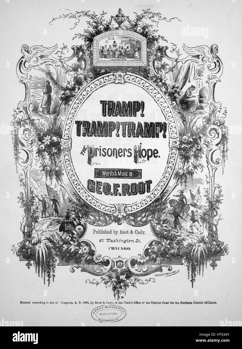 Sheet Music image de couverture de la chanson 'Tramp ! Tramp ! Tramp !, ou, à l'espoir et de la chanson Chorus', avec l'auteur original "Lecture notes Paroles et musique par Geo F Root', United States, 1864. L'éditeur est répertorié comme "racine et Cady, 67 rue Washington', la forme de la composition est "avec chœur trophique', l'instrumentation est 'piano et voix", la première ligne se lit "Dans la cellule de prison je suis assis, la pensée chère maman, de vous', et l'illustration artiste est répertorié comme 'Copcutt-Williams'. Banque D'Images