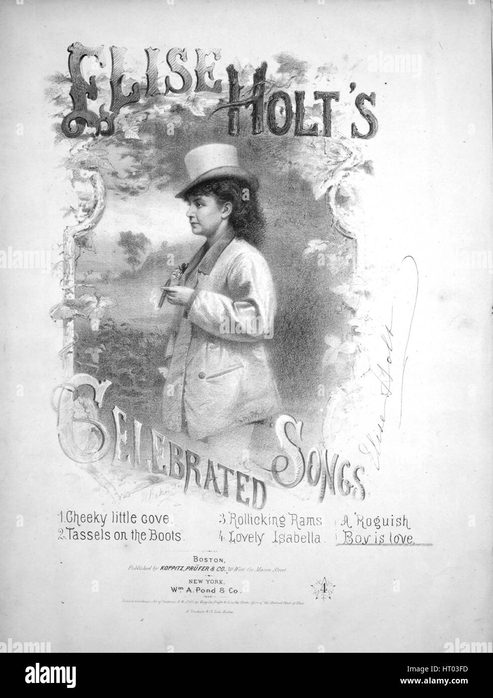 Sheet Music image de couverture de la chanson 'Elise Holt a célébré un voyou, Pas de Chansons5 Boy est amour Serio-Comic Ladie's Song', avec l'auteur original "Lecture notes Mots par George Cooper Musique par ex. B Détenteur", United States, 1869. L'éditeur est répertorié comme "Koppitz, Prufer et Co., 30 Ouest Cor. Mason Street', la forme de la composition est "avec chœur trophique', l'instrumentation est 'piano et voix", la première ligne se lit «et doux est l'amour ! Ce que si triste et doux ?', et l'illustration artiste est répertorié comme "Baker ; Davenport'. Banque D'Images