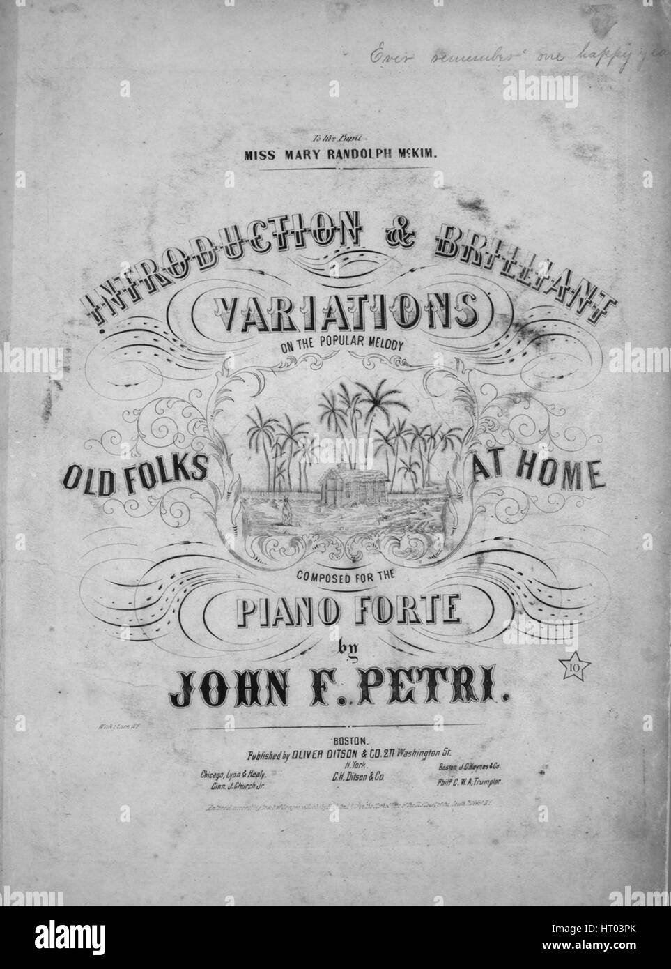 Sheet Music image de couverture de la chanson 'Introduction et Variations brillantes sur la mélodie populaire t Old Folks Home', avec 'Lecture notes auteur original composé pour le piano-forte par John F Petri', United States, 1863. L'éditeur est répertorié comme 'Oliver Ditson et Co., 271 Washington St.', la forme de la composition est "thème et variations", l'instrumentation est 'piano', la première ligne se lit 'Aucun', et l'illustration artiste est répertorié comme 'Wakelam N.Y. ; Pearson. Engvr'. Banque D'Images