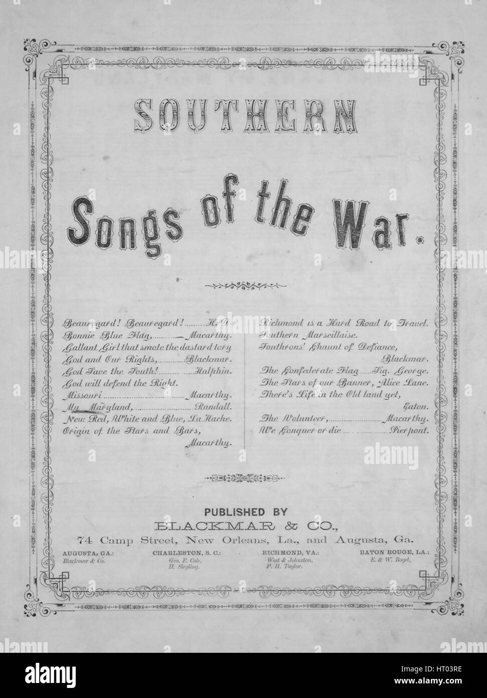 Image de couverture partitions de la chanson 'Southern Chansons de la guerre Mon Maryland', avec une œuvre originale lecture notes 'na', 1862. L'éditeur est répertorié comme "Blackmar et Co., 74 rue Camp', la forme de composition trophique', 'est l'instrumentation est 'piano et voix", la première ligne se lit "le talon du despote est sur ta rive, Maryland ! Mon Maryland !', et l'illustration artiste est répertorié comme 'Aucun'. Banque D'Images