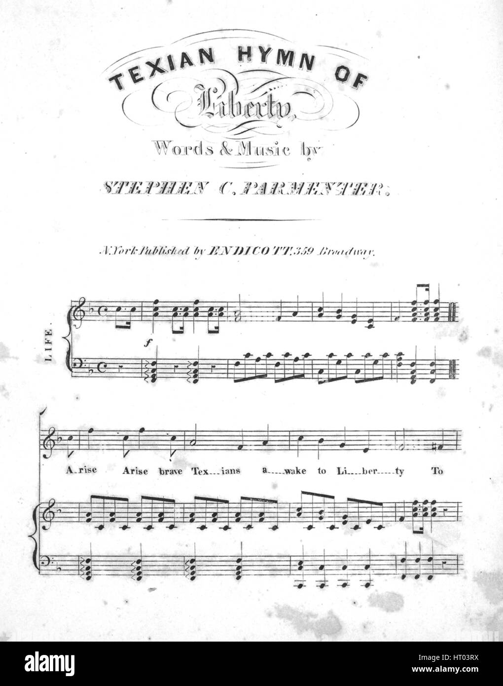 Sheet Music image de couverture de la chanson 'Texian hymne de la Liberté',  avec l'auteur original "Lecture notes Paroles et musique par Stephen C  Parmenter', United States, 1900. L'éditeur est répertorié comme "