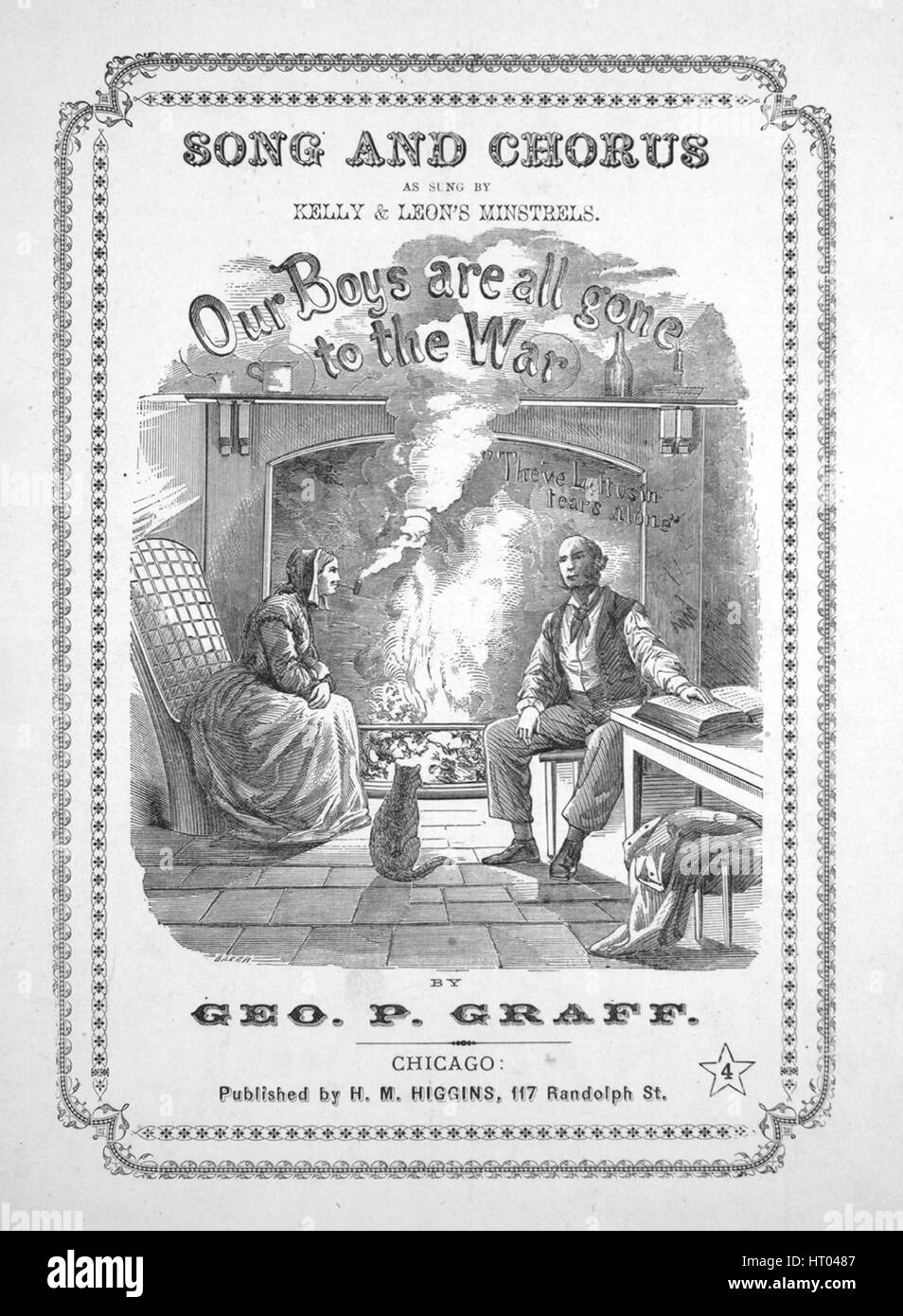 Sheet Music image de couverture de la chanson 'Nos garçons sont tous partis à la guerre et de la chanson Chorus', avec l'auteur original "Lecture notes par Geo P Graff', United States, 1865. L'éditeur est répertorié comme "H.M. Higgins, 117 Randolph St.', la forme de la composition est "avec chœur trophique', l'instrumentation est 'piano et voix", la première ligne se lit "à l'appel de leur pays ils ont volé rapidement, avec des gros bras, et le cœur toujours vrai", et l'illustration artiste est répertorié comme "Baker". Banque D'Images