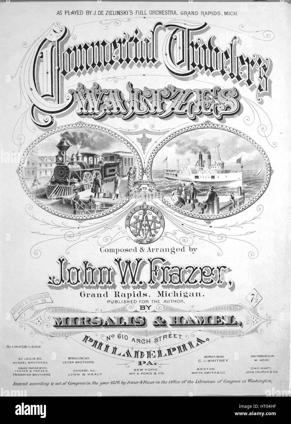 Sheet Music image de couverture de la chanson 'Commercial', valses du voyageur avec l'auteur original "Lecture notes composé et arrangé par John W Frazer, Grand Rapids, Michigan, United States, 1876. L'éditeur est répertorié comme "irsalis et Hamel, No.610, rue Arch', la forme de la composition est 'cinq valses en coupe, avec l'introduction et l'ADOC', l'instrumentation est 'piano', la première ligne se lit 'Aucun', et l'illustration artiste est répertorié comme "le Calvert Lith. Co. Detroit'. Banque D'Images