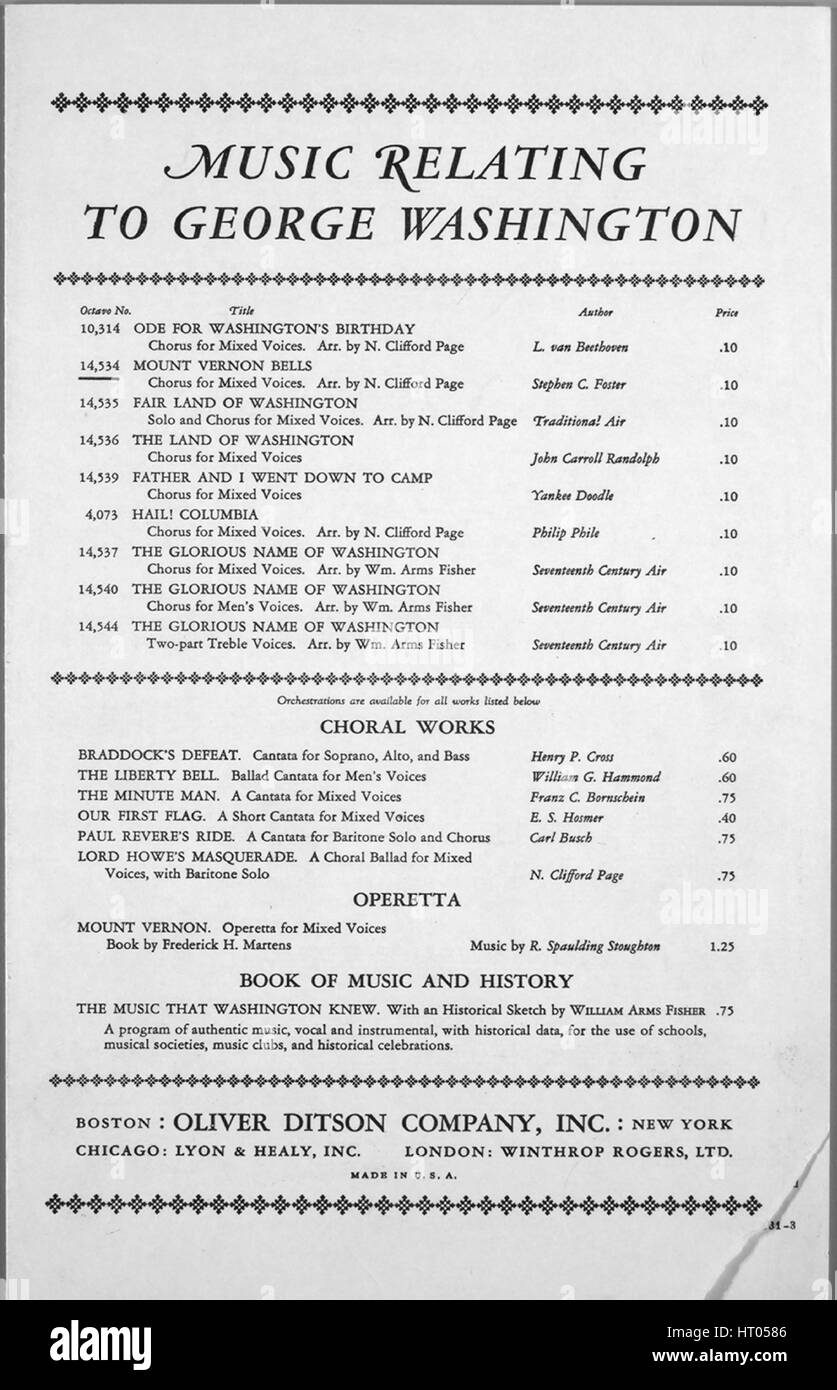 Sheet Music image de couverture de la chanson 'Musique relatives à George Washington Mount Vernon Cloches Chorus pour voix mixtes, avec des notes de l'auteur original à lire 'Arr par Clifford N Texte Page par MBC Slade composé par Stephen C. Foster, United States, 1931. L'éditeur est répertorié comme 'Oliver Ditson Company, Inc.', la forme de la composition est "avec chœur trophique', l'instrumentation est 'piano et voix", la première ligne indique 'Potomac où le stream s'écoule à travers la frontière de la Virginie', et l'artiste l'illustration est répertorié comme 'Aucun'. Banque D'Images