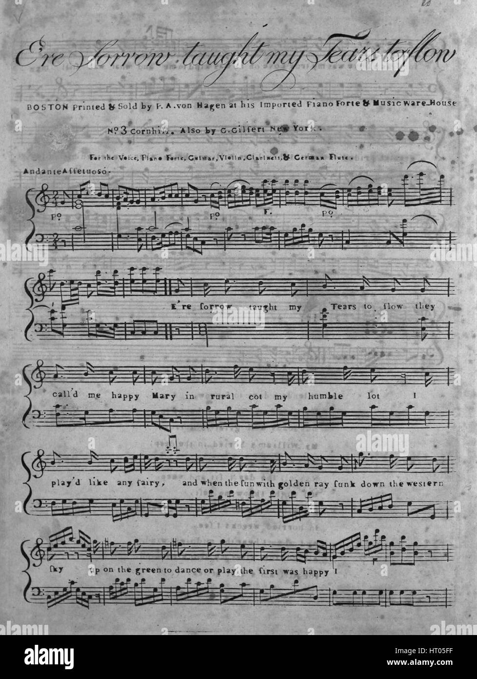 Sheet Music image de couverture de la chanson 'E êtes chagrin enseigné à mes larmes de couler [hand-written chanson inclus avec score untitled et mises]', avec une œuvre originale lecture notes 'na', United States, 1900. L'éditeur est répertorié comme "P.A. von Hagen à son piano-forte importés et de la musique, de l'entrepôt n°3 Cornhill', la forme de composition trophique', 'est l'instrumentation est 'piano et voix", la première ligne se lit 'E êtes chagrin enseigné à mes larmes de couler', et l'illustration artiste est répertorié comme 'Aucun'. Banque D'Images