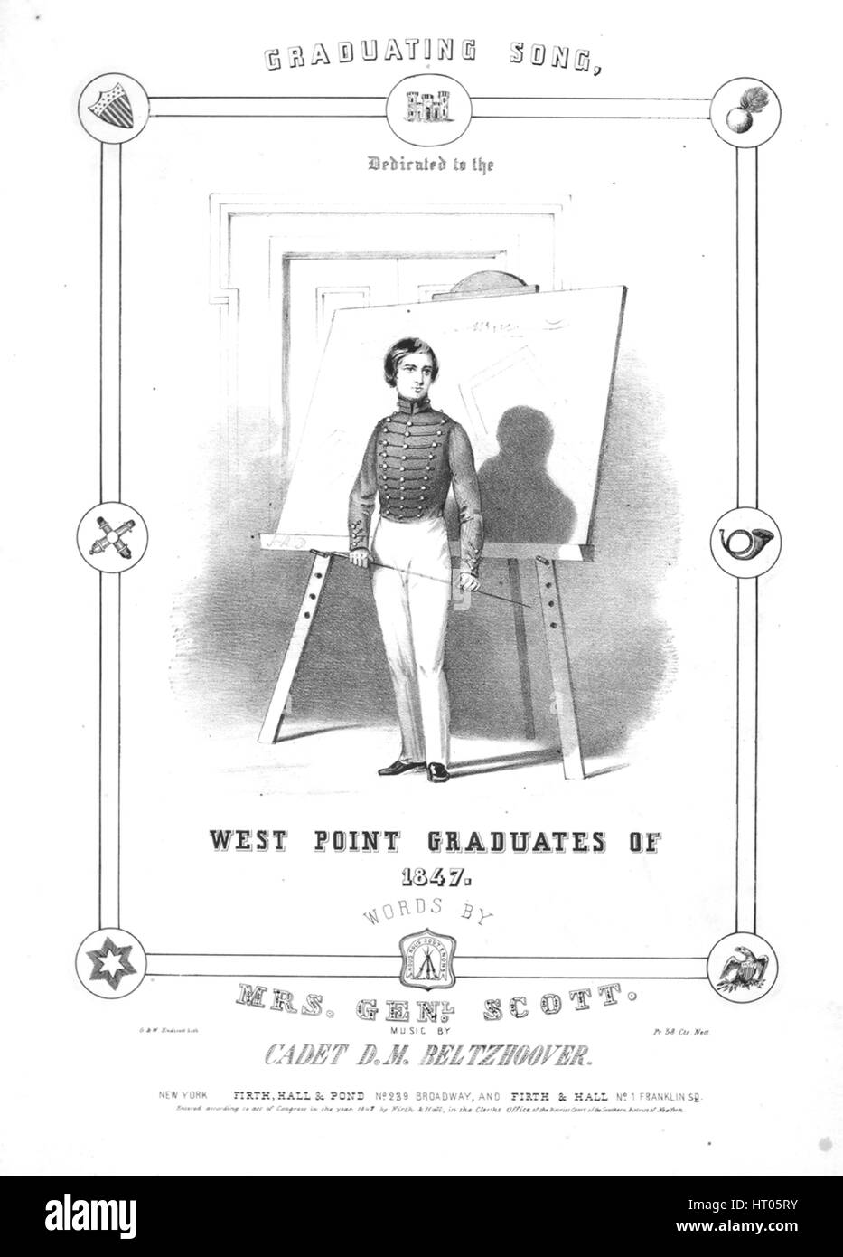 Sheet Music image de couverture de la chanson 'Chanson' diplômés, avec une œuvre originale 'Lecture notes Mots par Mme Général Scott Musique par Beltzhoover' DM Cadet, United States, 1847. L'éditeur est répertorié comme 'Firth, Hall et étang, No239 Broadway', la forme de la composition est "avec chœur trophique', l'instrumentation est 'piano et voix", la première ligne se lit 'frères ! Je voudrais faire mes adieux avec fain voix régulière et tranquille mien', et l'illustration artiste est répertorié comme 'Aucun'. Banque D'Images Sheet Music image de couverture de la chanson 'Chanson' diplômés, avec une œuvre originale 'Lecture notes Mots par Mme Général Scott Musique par Beltzhoover' DM Cadet, United States, 1847. L'éditeur est répertorié comme 'Firth, Hall et étang, No239 Broadway', la forme de la composition est "avec chœur trophique', l'instrumentation est 'piano et voix", la première ligne se lit 'frères ! Je voudrais faire mes adieux avec fain voix régulière et tranquille mien', et l'illustration artiste est répertorié comme 'Aucun'. Banque D'Images