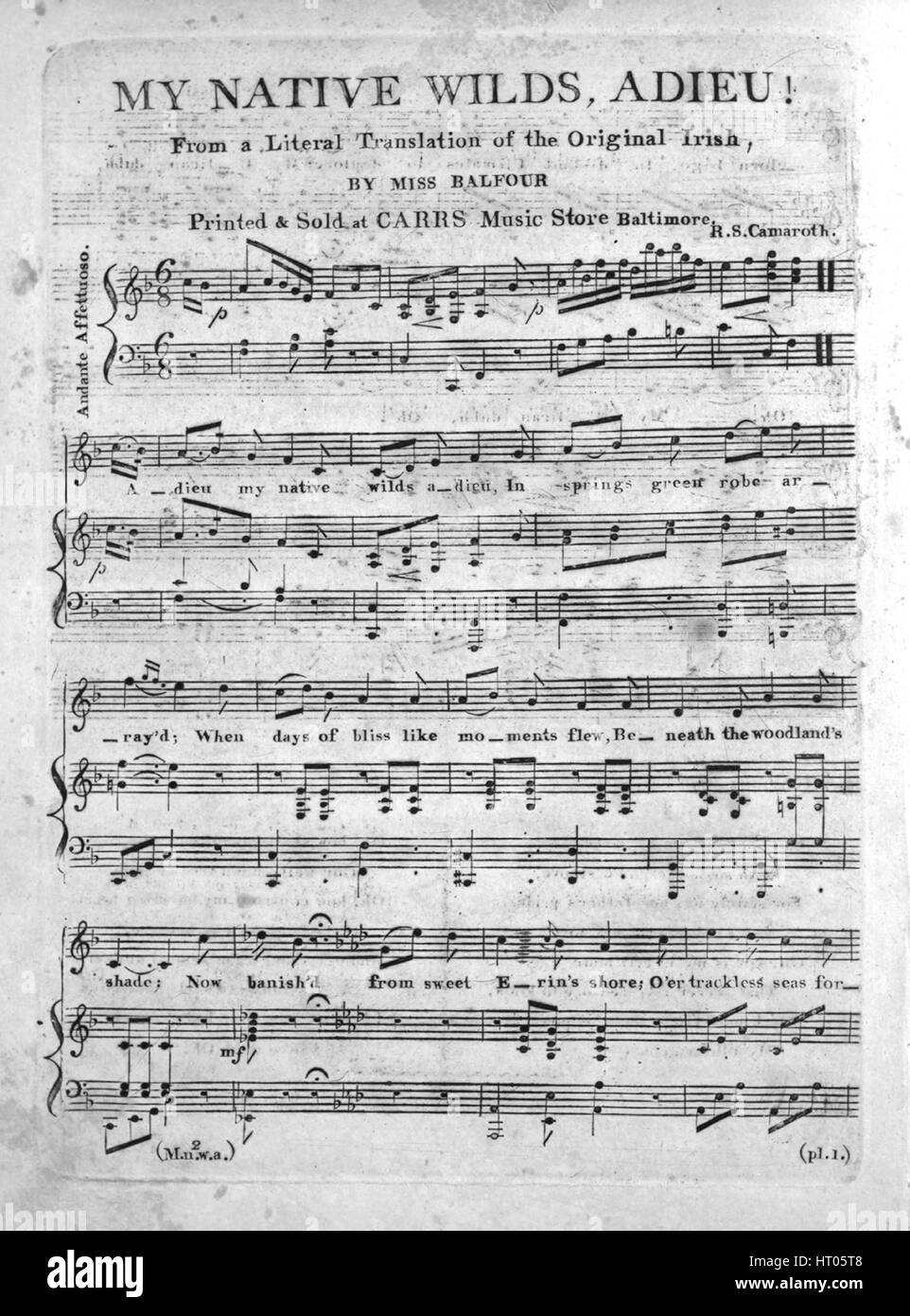 Sheet Music image de couverture de la chanson 'My Les Wilds, Adieu !", avec les notes de l'auteur original à lire 'à partir d'une traduction littérale de l'Original irlandais par Mlle Balfour', United States, 1900. L'éditeur est répertorié comme "Carr's Music Store", la forme de la composition est "avec chœur trophique', l'instrumentation est 'piano et voix", la première ligne se lit 'Adieu ma wilds adieu, dans la baie de printemps robe verte', et l'artiste l'illustration est répertorié comme 'Aucun'. Banque D'Images