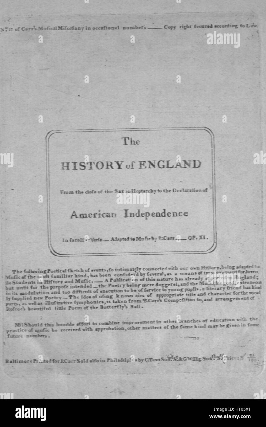 Sheet Music image de couverture de la chanson 'l'histoire de l'Angleterre à partir de la clôture de l'Heptarchie saxonne à la Déclaration de l'Indépendance américaine En familiary verset Series No17 de Carr's Musical Miscellany en chiffres' occasionnelles, avec notes de l'auteur original "lecture adaptée à la musique par B Carr, Op XI', United States, 1900. L'éditeur est répertorié comme "J. Carr', la forme de la composition est 'Collection 'connu sous des airs de poste Titre et caractère pour les parties vocales, ainsi que des symphonies . . . Extrait de T. Carr, à la composition et l'arrangement de la belle Roscoe littl', l'en Banque D'Images