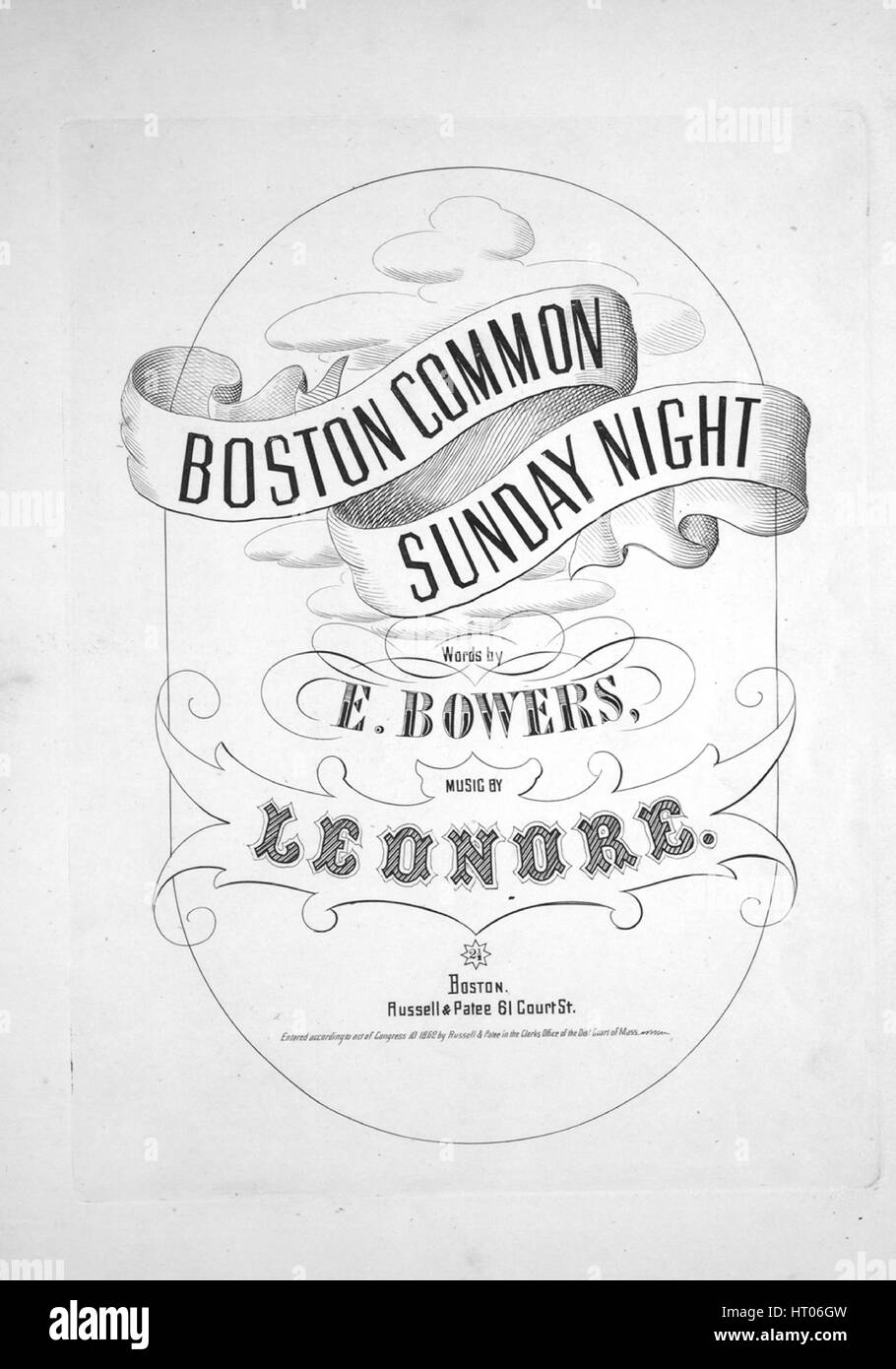 Sheet Music image de couverture de la chanson 'Boston Common dimanche soir, avec des notes d'auteur original 'lecture Mots par E Bowers Musique par Leonore', United States, 1862. L'éditeur est répertorié comme 'Russell et Patee, 61, rue de la cour', la forme de la composition est "avec chœur trophique', l'instrumentation est 'piano et voix", la première ligne se lit "Je vais chanter pour vous un joyeux morceau et promesse qu'il ne doit pas être long", et l'illustration artiste est répertorié comme 'Aucun'. Banque D'Images