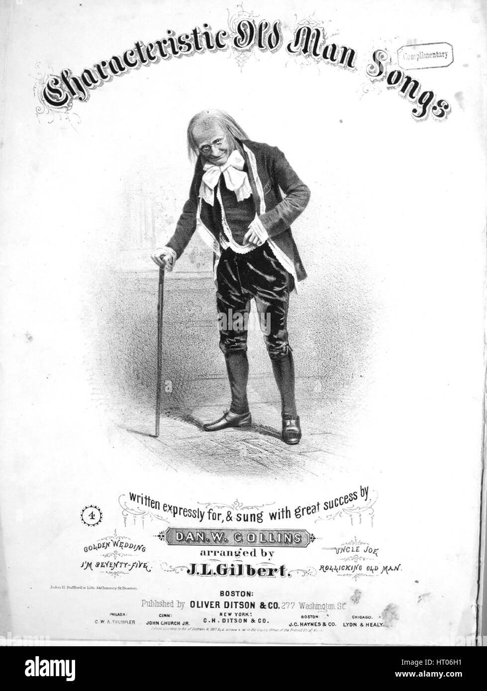 Sheet Music image de couverture de la chanson 'vieil homme caractéristique chansons oncle Joe', avec l'auteur original "Lecture notes classées par JL Gilbert', United States, 1867. L'éditeur est répertorié comme 'Oliver Ditson et Co., 277 Washington St.', la forme de la composition est "avec chœur trophique', l'instrumentation est 'piano et voix", la première ligne se lit "les jeunes gens viennent écouter ma chanson Je suis vieux et je ne vais pas vous retenir longtemps', et l'illustration artiste est répertorié comme "John H. Bufford's Lith. 34, rue Chauncy Boston'. Banque D'Images