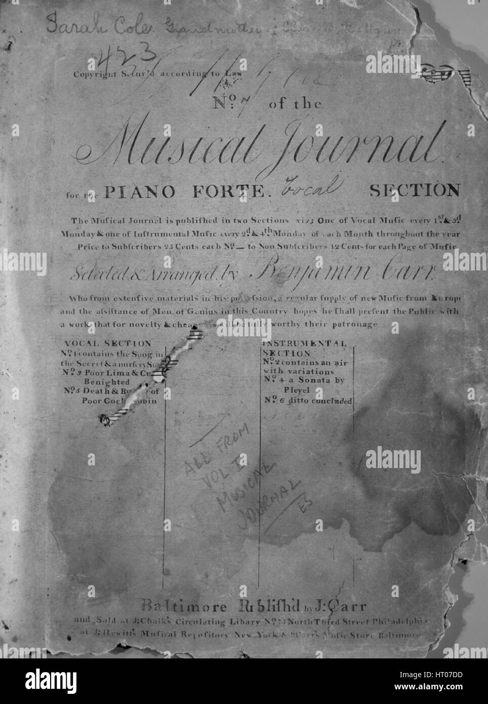 Sheet Music image de couverture de la chanson 'Courtois étranger Titre de la série n° 7 de la revue musicale pour le piano-forte Section Vocal', avec l'auteur original "Lecture notes et arrangé par Benjamin Carr', United States, 1900. L'éditeur est répertorié comme "J. Carr', la forme de composition trophique', 'est l'instrumentation est 'piano et voix", la première ligne indique 'étranger Courtois maintenant libérés du danger et de rire", et l'illustration artiste est répertorié comme 'Aucun'. Banque D'Images