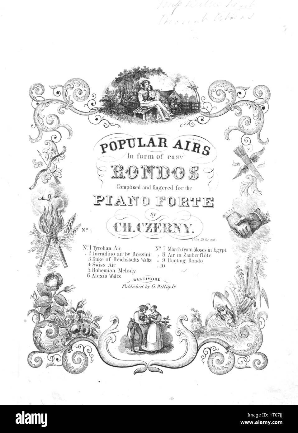 Sheet Music image de couverture de la chanson 'Air dans Mozart's Zauberflote O Dolce Concento aucun titre de la série 8 airs populaires dans [la] forme de Rondos facile', avec l'auteur original "Lecture notes composé et doigter pour le piano-forte par ch' Czerny, United States, 1900. L'éditeur est répertorié comme "G. Willig Jr.', la forme de composition est 'sectional', l'instrumentation est 'piano', la première ligne se lit 'Aucun', et l'illustration artiste est répertorié comme 'Aucun'. Banque D'Images