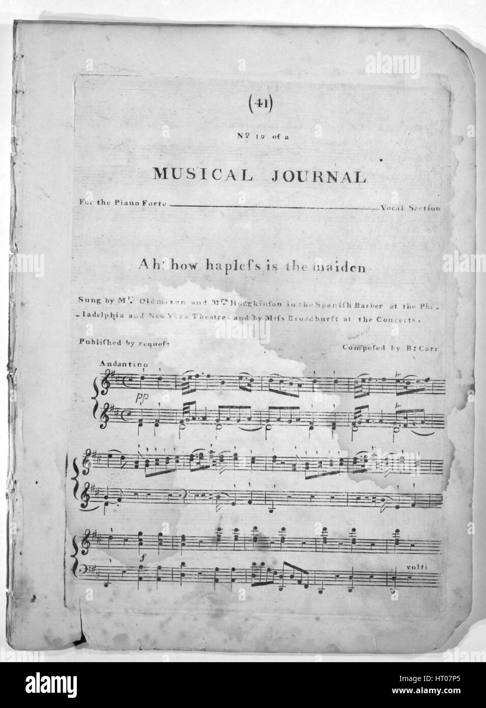 Sheet Music image de couverture de la chanson 'Ah ! Combien d'infortunés est le premier titre de la série No 19 de la revue musicale pour le piano-forte Section Vocal', avec une œuvre originale composée par "Lecture notes B Carr', United States, 1900. L'éditeur est répertorié comme "J. Carr', la forme de composition est 'sectional', l'instrumentation est 'piano et voix", la première ligne se lit 'Ah ! Combien d'infortunés est la jeune fille qui trop tard son descries malade", et l'illustration artiste est répertorié comme 'Aucun'. Banque D'Images