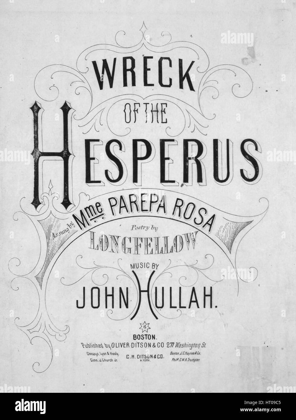 Sheet Music image de couverture de la chanson 'naufrage de l'Hesperus', avec une œuvre originale lecture notes 'Poèmes par Henry Wadsworth Longfellow] [la musique par John Hullah', United States, 1900. L'éditeur est répertorié comme 'Oliver Ditson et Co., 277 Washington St.', la forme de composition est 'sectional', l'instrumentation est 'piano et voix", la première ligne se lit "c'est la goélette hesperus, qui avait la mer d'hiver', et l'illustration artiste est répertorié comme "Webb". Banque D'Images