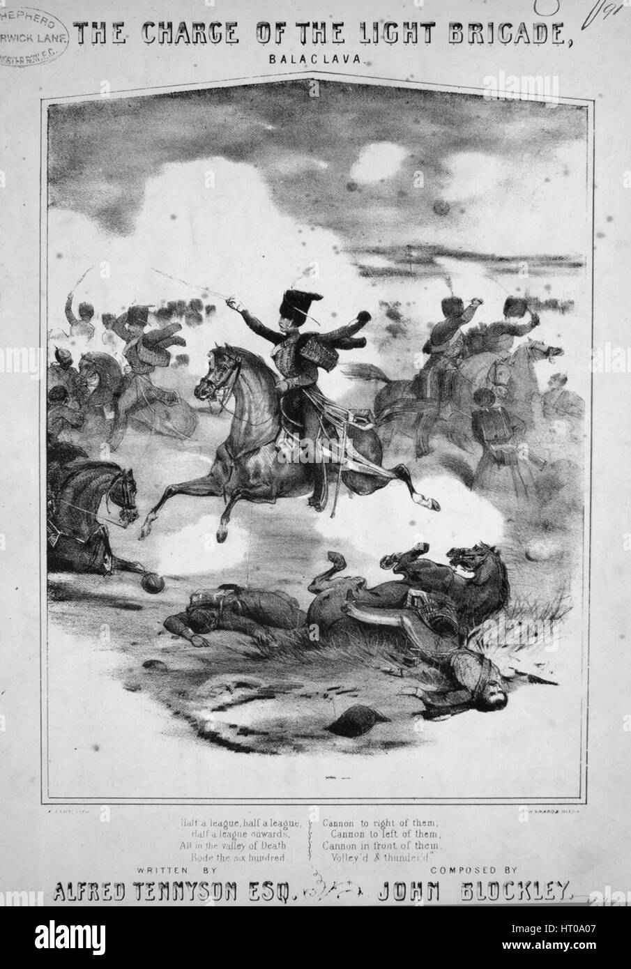 Sheet Music image de couverture de la chanson 'La charge de la Brigade légère à Balaclava', avec l'auteur original "Lecture notes Written by Alfred Tennyson, Esq, composé par John Blockley', 1900. L'éditeur est répertorié comme '', la forme de la composition est "avec chœur trophique', l'instrumentation est 'piano et voix", la première ligne se lit 'une demi lieue, la moitié d'une ligue, d'une demi lieue onward', et l'illustration artiste est répertorié comme 'A. Laby, Lith., Stannard et Dixon'. Banque D'Images