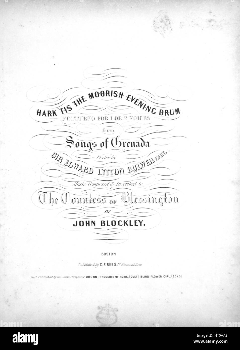 Sheet Music image de couverture de la chanson 'Hark 'Tis La Soirée Drum mauresque Notturno pour 1 ou 2 voix à partir de morceaux de la Grenade', avec une œuvre originale 'Lecture notes Poèmes par Sir Edward Bulwer Lytton, Bart Musique composée par John Blockley', United States, 1900. L'éditeur est répertorié comme "G.P. Reed, 17 rangs Tremont', la forme de la composition est "avec chœur trophique', l'instrumentation est 'piano et voix (solo et duo)', la première ligne se lit 'Hark ! C'est la soirée Drum mauresque, à partir de là de nobles remorquer'r', et l'illustration artiste est répertorié comme 'Aucun'. Banque D'Images
