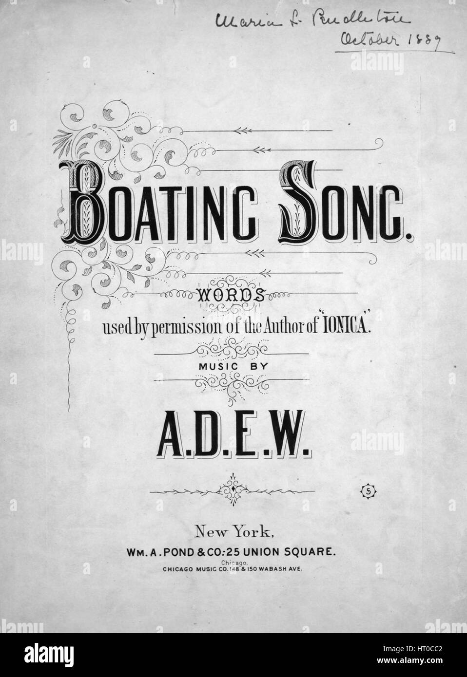 Sheet Music image de couverture de la chanson 'Boating Song', avec l'auteur original "Lecture notes Mots utilisés avec l'autorisation de l'auteur de 'Ionica' Musique par ADEW', United States, 1889. L'éditeur est répertorié comme "Wm. A. Pond et Co., 25 Union Square', la forme de composition trophique', 'est l'instrumentation est 'piano et voix", la première ligne se lit 'Jolly météo nautique, avec une récolte de foin Breeze", et l'illustration artiste est répertorié comme 'Aucun'. Banque D'Images
