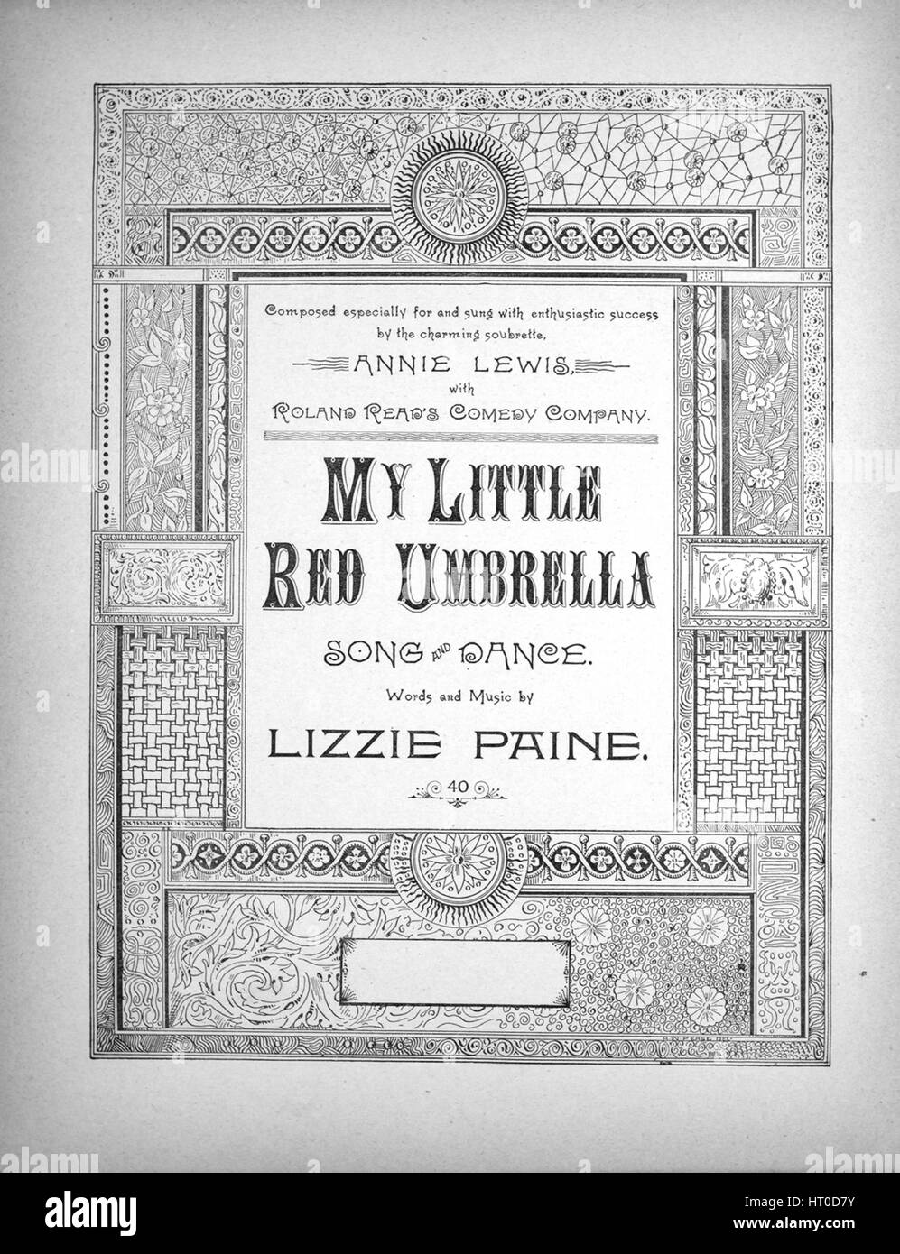 Sheet Music image de couverture de la chanson "mon petit parapluie rouge  Chant et danse', avec l'auteur original "Lecture notes Paroles et musique  par Lizzie Paine', United States, 1889. L'éditeur est répertorié