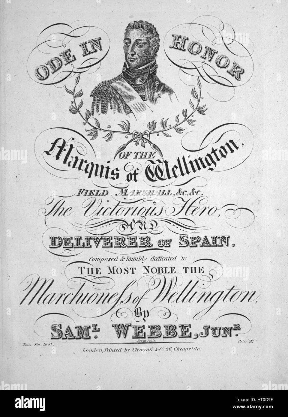 Sheet Music image de couverture de la chanson "ode en l'honneur du Marquis de Wellington, Field Marshall, etc, etc, Le héros victorieux, et libérateur de l'Espagne', avec une œuvre originale composée par "Lecture notes Webbe Saml, Junr les mots par Thos Esqr Noble', Royaume-Uni, 1900. L'éditeur est répertorié comme "Clementi et Co., 26, Cheapside', la forme de la composition est 'alternant solo et chant choral (première et deuxième TREBLE et BASS), des passages de l'instrumentation est 'piano et harpe, ou deux pianos, et des voix, la première ligne se lit Enwreathe enwreathe «la branche sacré avec la couronne de chêne vert The warrior's b Banque D'Images