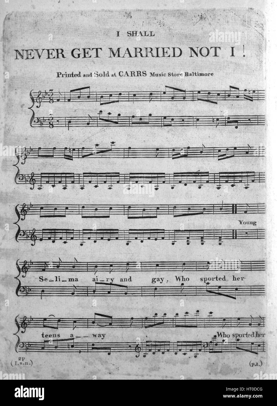 Sheet Music image de couverture de la chanson 'Je ne me marie pas I !', avec une œuvre originale lecture notes 'na', United States, 1900. L'éditeur est répertorié comme "Carr's Music Store", la forme de la composition est "avec chœur trophique', l'instrumentation est 'piano et voix", la première ligne se lit "Jeune Selima aérées et gay, qui arborait son adolescence away', et l'illustration artiste est répertorié comme 'Aucun'. Banque D'Images