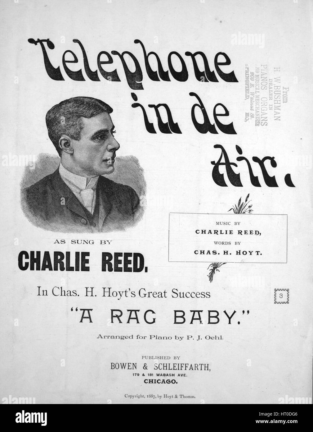 Sheet Music image de couverture de la chanson 'téléphone dans de l'Air', avec une œuvre originale de la lecture des notes de musique par Charlie Reed Mots par Chas H Hoyt arrangé pour Piano par PJ Oehl', United States, 1887. L'éditeur est répertorié comme 'Bowen et Schleiffarth, 179 et 181, avenue Wabash', la forme de la composition est "avec chœur trophique', l'instrumentation est 'piano et voix", la première ligne se lit "Quand j'ai fermer dese livres terrestre, téléphone jusqu'dar ! Je tiens à accrocher sur des crochets de Gabriel, téléphone jusqu'dar !', et l'illustration artiste est répertorié comme 'H.S. BIgelow, typographe, Musique 113 Adams St., Chicago'. Banque D'Images