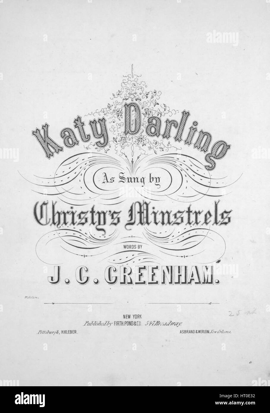 Sheet Music image de couverture de la chanson 'Katy Darling', avec l'auteur original "Lecture notes Mots par JC Greenham Music na', United States, 1900. L'éditeur est répertorié comme 'Firth, étang et Co., 547 Broadway', la forme de la composition est "avec chœur trophique', l'instrumentation est 'piano et voix (Solo et Choeur satb)', la première ligne se lit 'Oh ! Ils me disent tu es mort, Kay Darling, que ton sourire, je risque de ne jamais plus voici !', et l'illustration artiste est répertorié comme 'Wakelam'. Banque D'Images