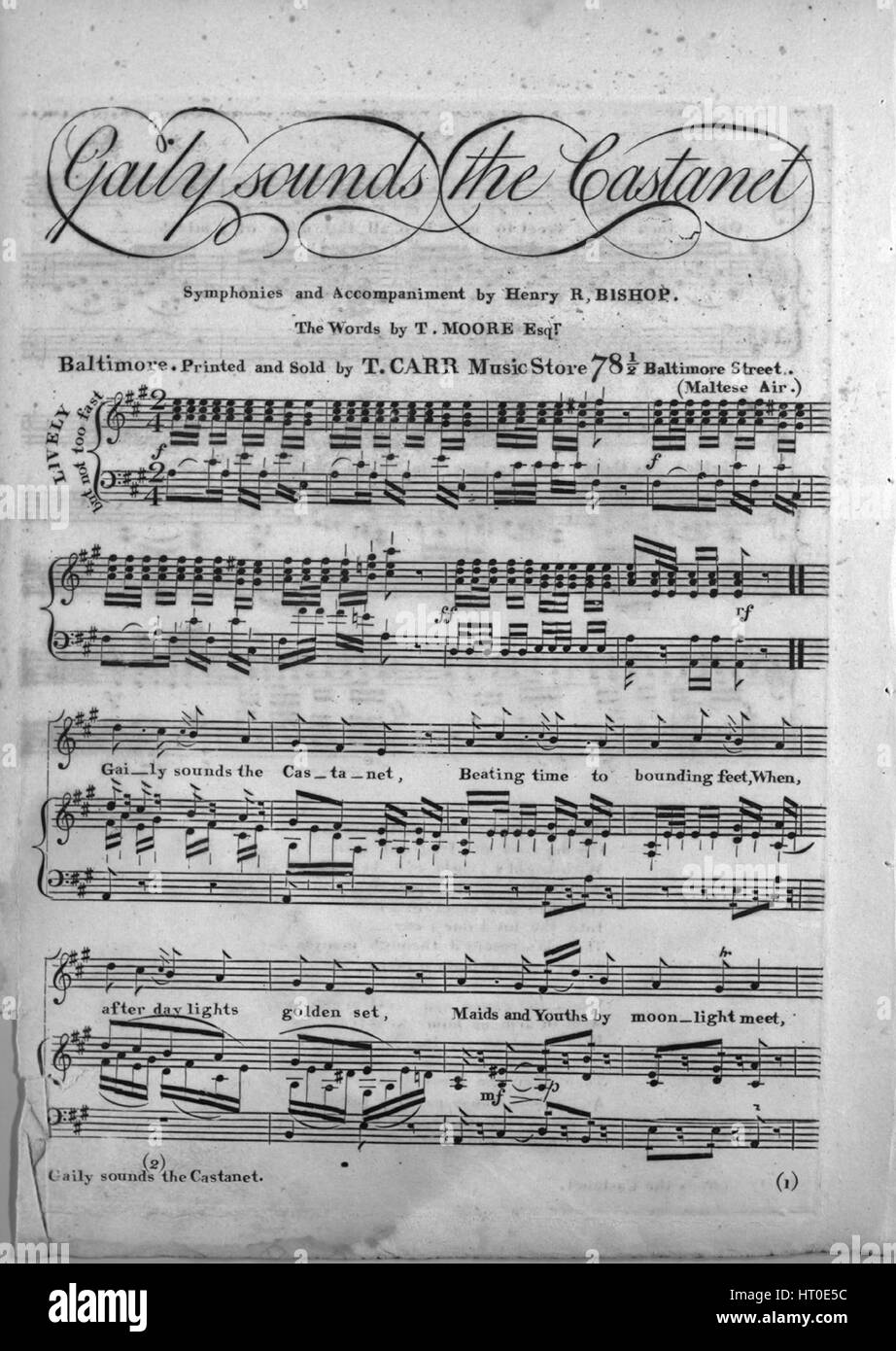 Sheet Music image de couverture de la chanson 'gaiement son la Castanet',  avec une œuvre originale lecture notes 'Symphonies et accompagnement par  les mots de l'Évêque Henry R par T Moore, Esqr ; (