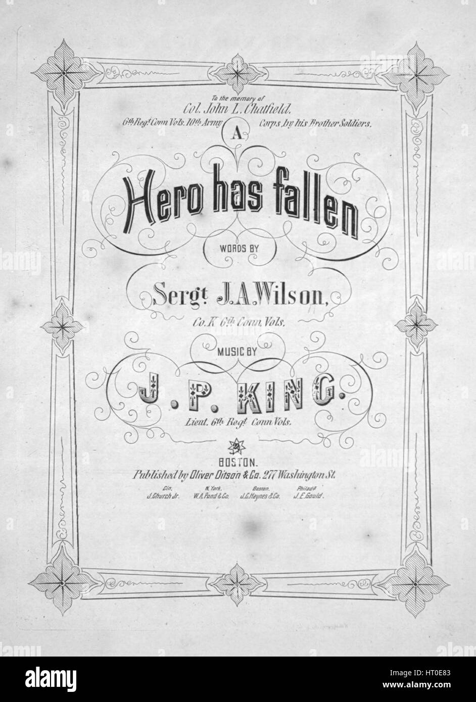 Sheet Music image de couverture de la chanson 'Hero' a diminué, avec une œuvre originale 'Lecture notes par mots Sergt JA Wilson, K 6e Conn Vols Musique par JP King, le lieutenant 6e regt Conn Vols', United States, 1900. L'éditeur est répertorié comme 'Oliver Ditson et Co., 277 Washington St.', la forme de composition trophique', 'est l'instrumentation est 'piano et voix", la première ligne se lit 'La selle est vide, et la gaine'd est son épée, un autre nous a laissé, pour récolter sa récompense", et l'illustration artiste est répertorié comme "W. Davenport'. Banque D'Images