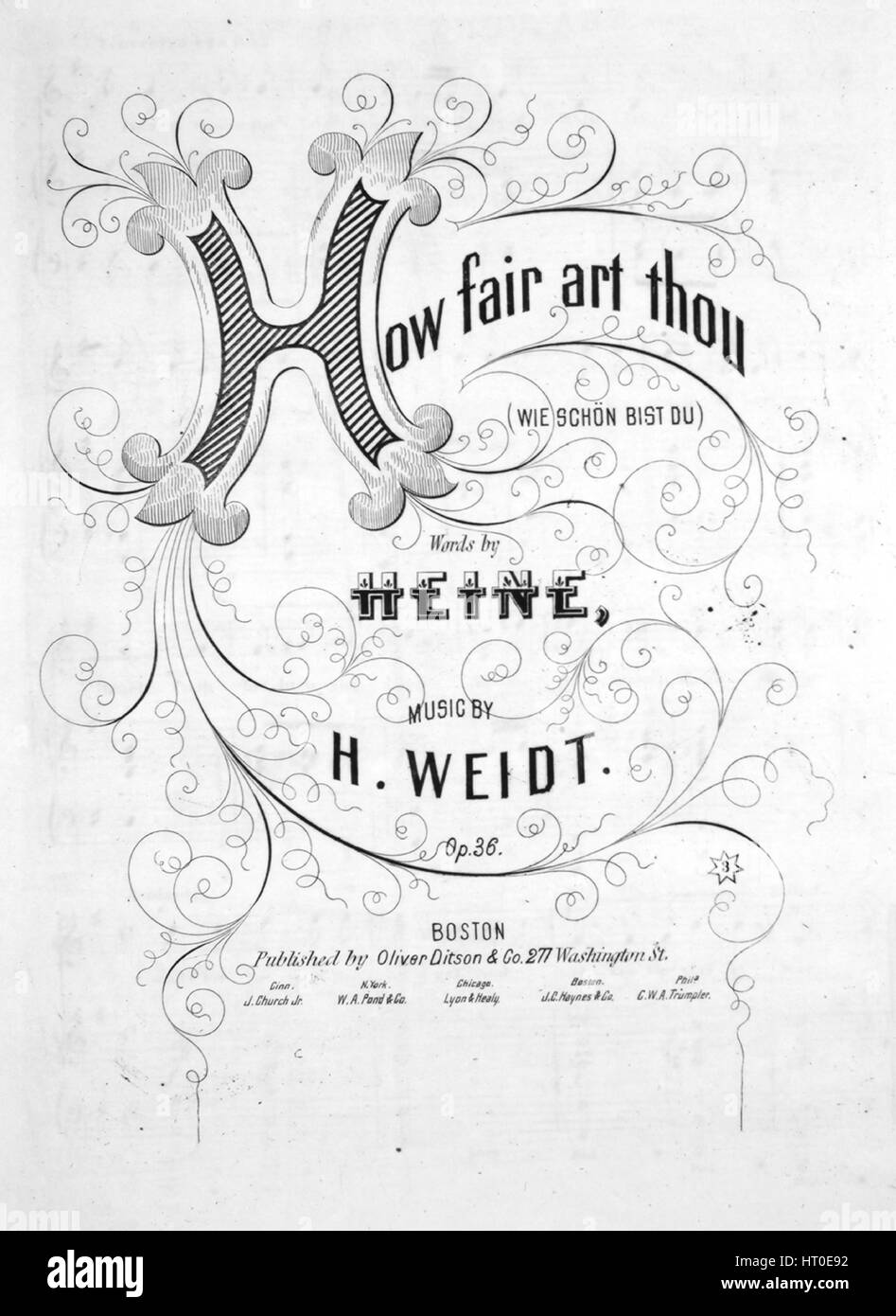 Sheet Music image de couverture de la chanson 'Comment es-tu juste (Wie Schon Bist Du) [Texte en français et allemand]', avec l'auteur original "Lecture notes Mots par Heine Musique par H Weidt', United States, 1900. L'éditeur est répertorié comme 'Oliver Ditson et Co., 277 Washington St.', la forme de la composition est "avec chœur trophique', l'instrumentation est 'piano et voix", la première ligne se lit 'O, à tes pieds combien heureux, le cœur le plus profond de la chanson que j'ai montée", et l'illustration artiste est répertorié comme "W. Davenport'. Banque D'Images