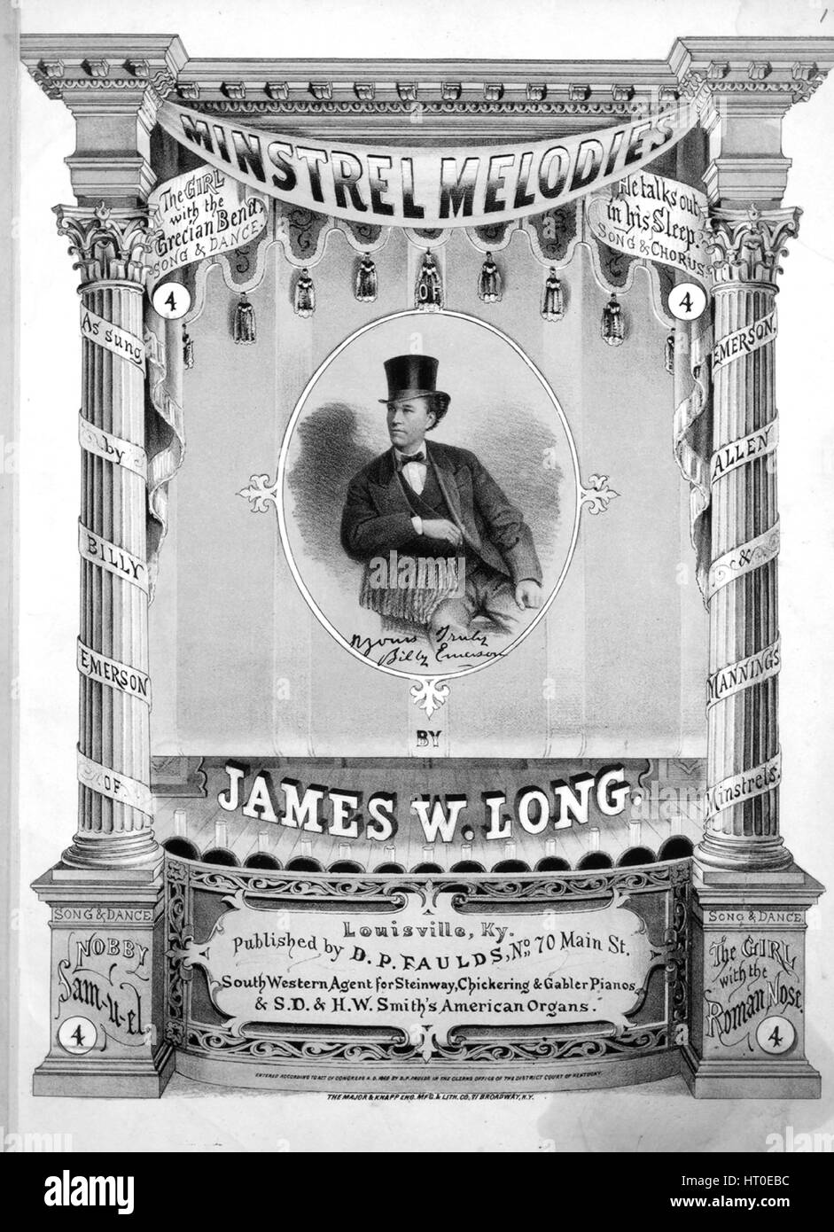 Sheet Music image de couverture de la chanson 'Minstrel Nobby Samuel chanson mélodies de James W Long', avec l'auteur original "Lecture notes composées par JW Long', 1869. L'éditeur est répertorié comme 'D.P. Faulds, n°70, rue Main, au sud-ouest de l'Agent pour Chickering, Steinway et Gabler Pianos, et S.D. et H.W. Smith's American Organes', la forme de composition trophique', 'est l'instrumentation est 'piano et voix", la première ligne se lit 'My girl est doux comme elle peut être et plus juste que sweet', et l'illustration artiste est répertorié comme "Le Grand et Knapp Eng. Mfg. et Lith. Co. 71 Broadway, N.Y.". Banque D'Images