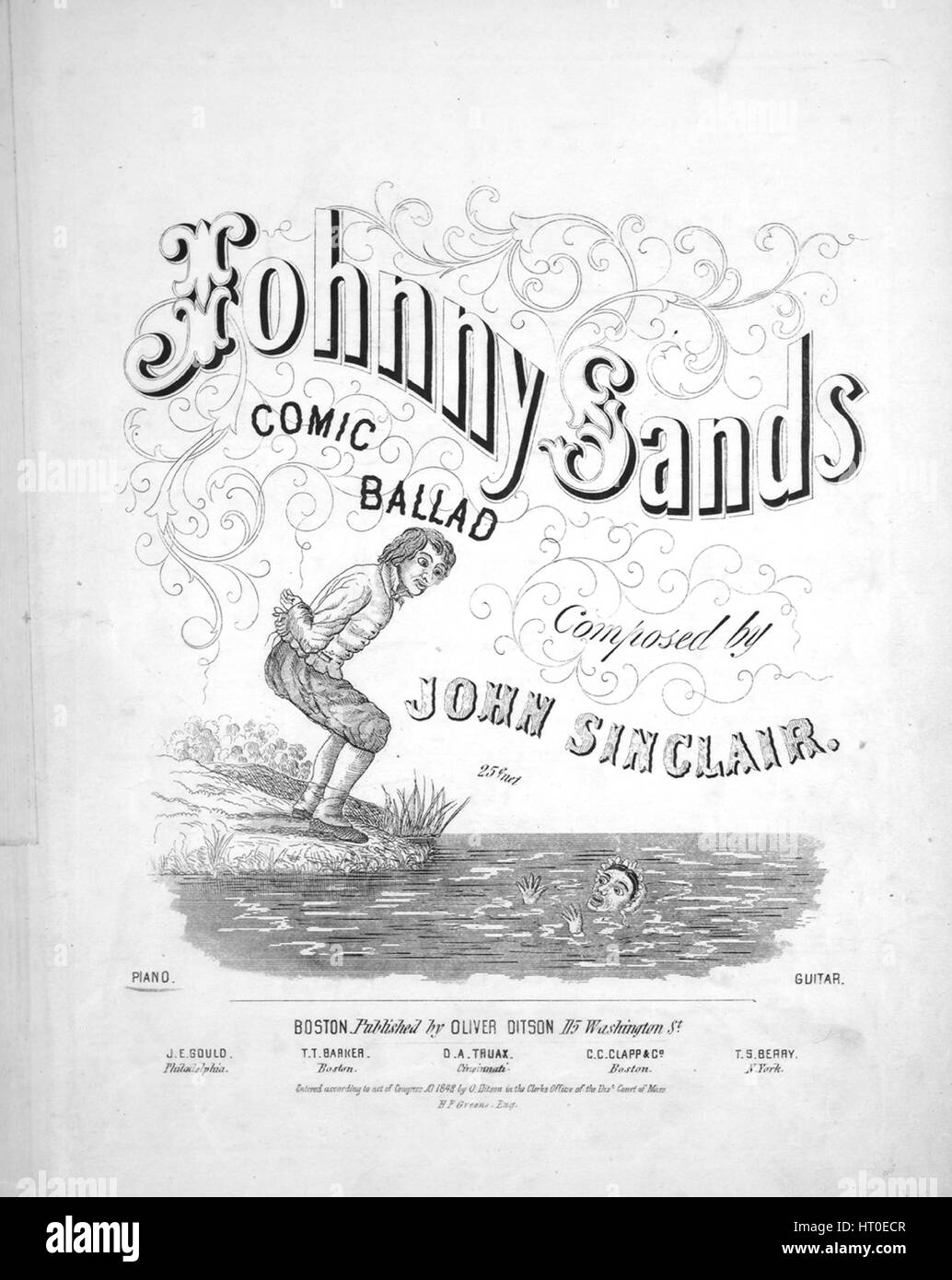 Sheet Music image de couverture de la chanson 'Johnny Sands Comic Ballad', avec 'Lecture notes auteur original composé par John Sinclair', United States, 1842. L'éditeur est répertorié comme 'Oliver Ditson, 115 Washington St.', la forme de composition trophique', 'est l'instrumentation est 'piano et voix", la première ligne se lit comme suit : "un homme dont le nom était Johnny Sands, avait épousé Betty Haye", et l'illustration artiste est répertorié comme 'H.F. Greene, ing.'. Banque D'Images