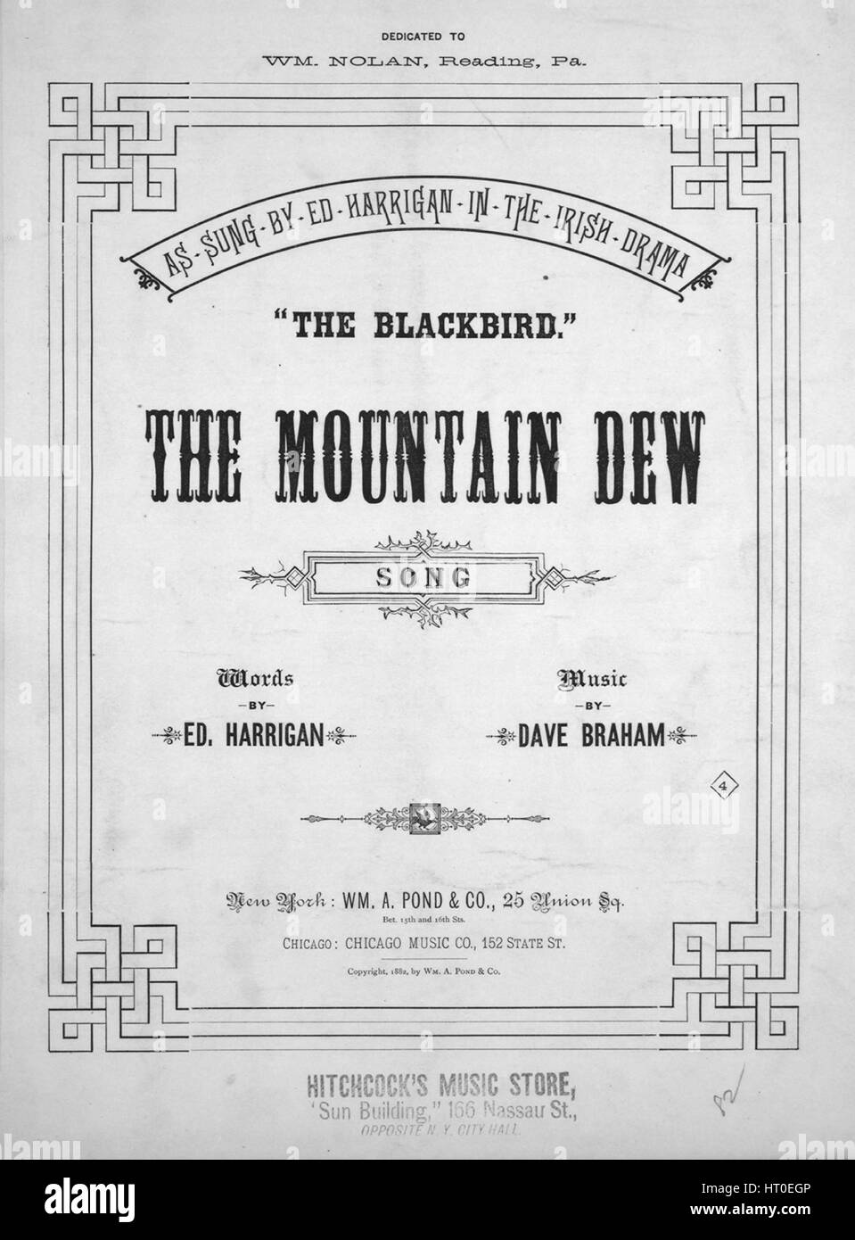 Sheet Music image de couverture de la chanson 'le Mountain Dew Song', avec des notes d'auteur original 'lecture Mots par Edward Harrigan Musique par Dave Braham', United States, 1882. L'éditeur est répertorié comme "Wm. A. Pond et Co., 25 (Union Square, Broadway, pari. 15 et 16 m.)', la forme de la composition est "avec chœur trophique', l'instrumentation est 'piano et voix", la première ligne se lit 'que les herbes poussent et l'écoulement de l'eau dans une société libre et à l'est voie", et l'illustration artiste est répertorié comme "J.M. Armstrong et Co. Music typographes, Philadelphia". Banque D'Images