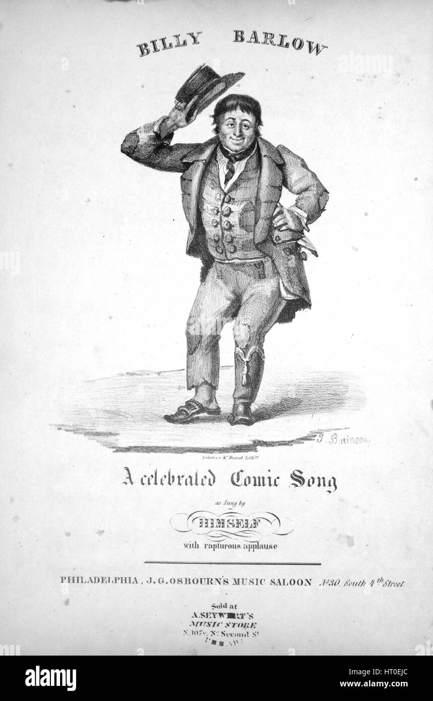 Sheet Music image de couverture de la chanson 'Billy Barlow une célèbre  chanson comique', avec l'auteur original "Lecture notes organisé pour le  piano-forte par PF Fallon', United States, 1836. L'éditeur est répertorié