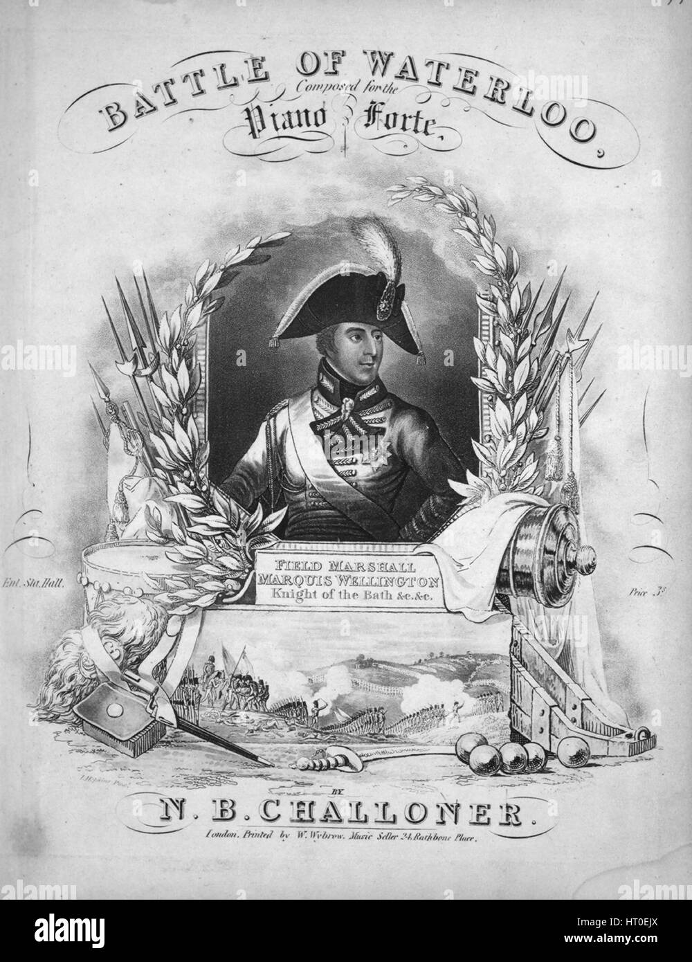 Sheet Music image de couverture de la chanson 'Bataille de Waterloo', avec une œuvre originale composée par "Lecture notes NB Challoner', Royaume-Uni, 1900. L'éditeur est répertorié comme "W. Musique Wybrow, vendeur, 24 Rathbone Place', la forme de la composition est "ultimovement - coupe pièce programmatique avec rubriques descriptives (p. ex. 'Lord Wellington en face de Waterloo,» 'arrivée des gens du Nouveau-Brunswick et Hanoverians,' etc.)', l'instrumentation est 'piano', la première ligne se lit 'Aucun', et l'illustration artiste est répertorié comme "J. Hopkins, à Londres. Imprimé dans le Temple d'Apollon. Rathbone Place. '. Banque D'Images