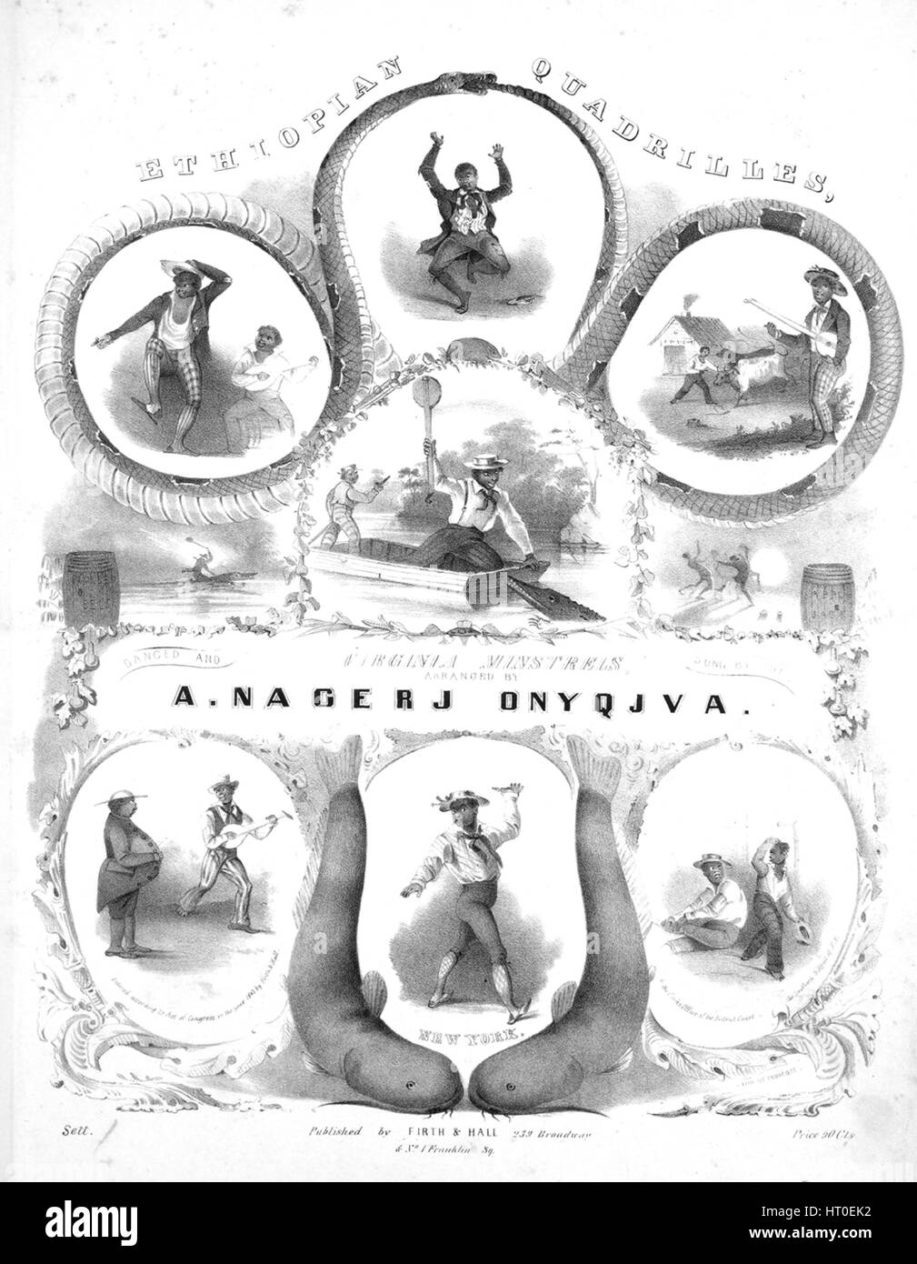 Sheet Music image de couverture de la chanson 'Quadrilles éthiopien (1) Goin Ober De Mountin ; (2) Jonny Boker ; (3) de vieux os de la mâchoire ; (4) Jumbo Jum ; (5) Jim le long de Josey', avec 'Lecture notes auteur original composé par un Nagerj Onyqjva', United States, 1843. L'éditeur est répertorié comme 'Firth et Hall, 239 Broadway', la forme de composition est 'sectional', l'instrumentation est 'piano', la première ligne se lit 'Aucun', et l'illustration artiste est répertorié comme 'Sett. ; Lith. d'Endicott'. Banque D'Images