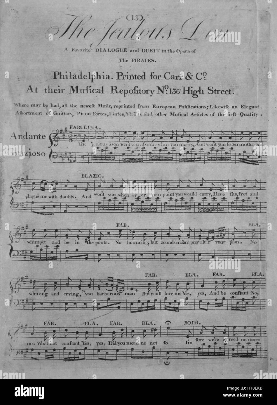 Sheet Music image de couverture de la chanson 'Les jaloux Don un dialogue préférés et Duett dans l'opéra des Pirates [Sonneck-Upton p référence 215C1]', avec une œuvre originale lecture notes 'na', United States, 1900. L'éditeur est répertorié comme "Carr et Co., à leur répertoire musical, No136 High Street', la forme de composition trophique', 'est l'instrumentation est 'piano et voix ; guitare', la première ligne se lit 'Les jaloux Don ne vous assumez quand vous vous marierez', et l'illustration artiste est répertorié comme 'Aucun'. Banque D'Images