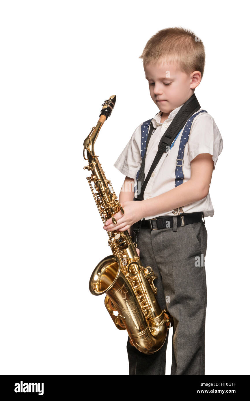 Jeune saxophoniste on white Banque D'Images