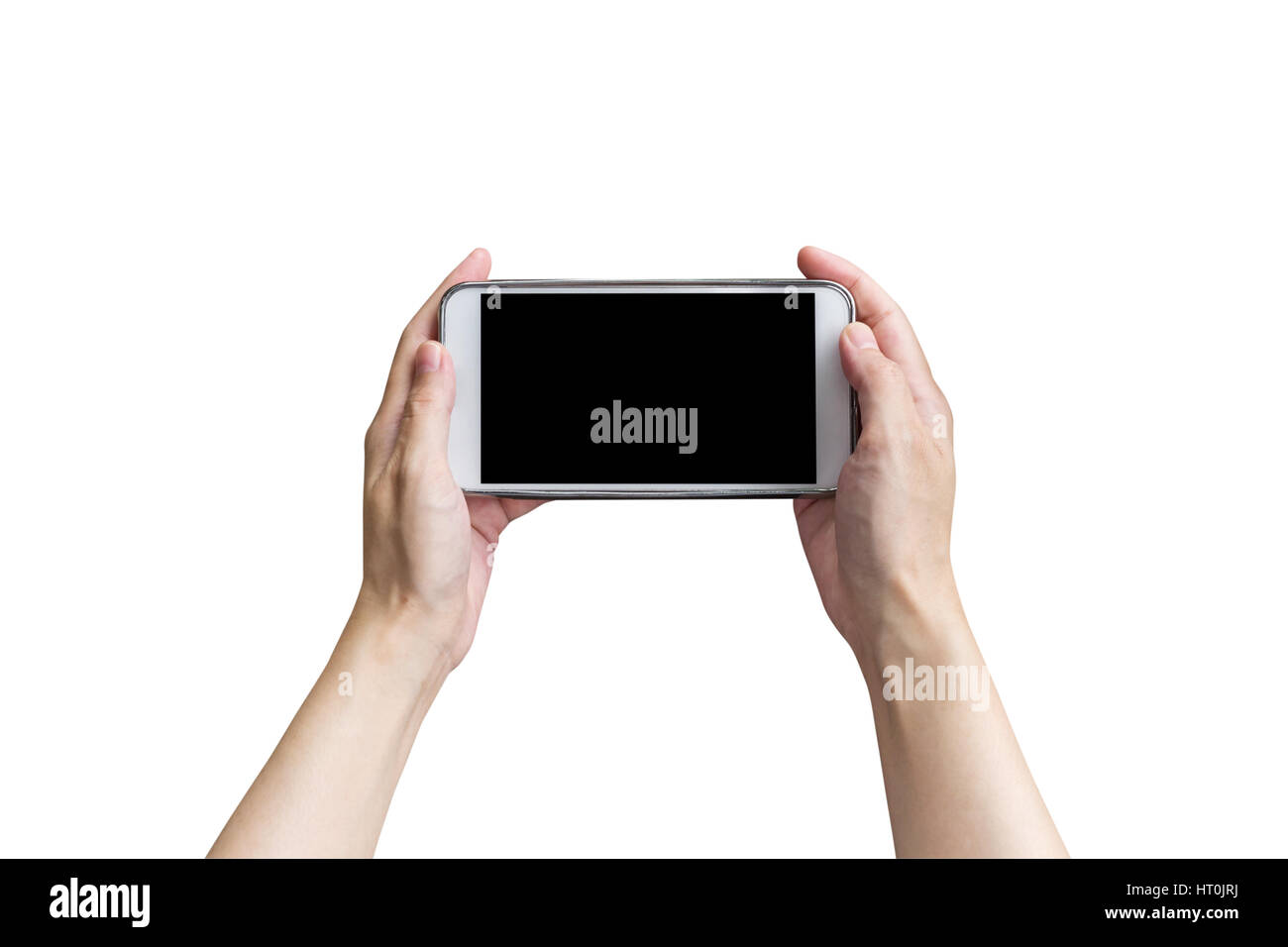 Côté femme holding phone sur blanc isolé avec chemin de détourage. Banque D'Images