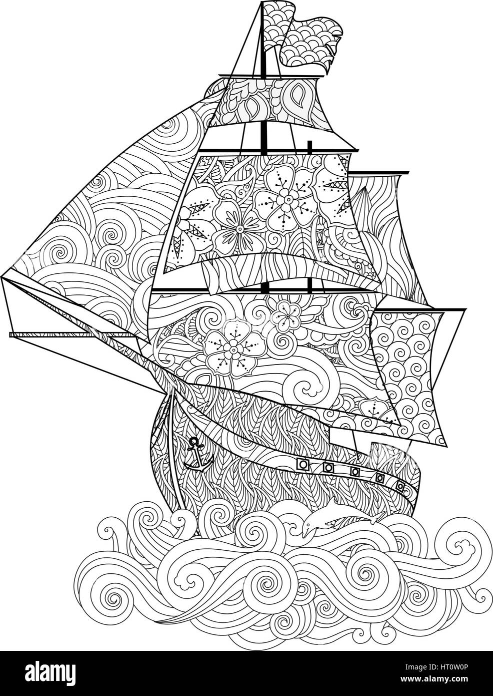 Ornate image de navire sur la vague en zentangle style doodle inspiré isolé sur blanc. Illustration de Vecteur