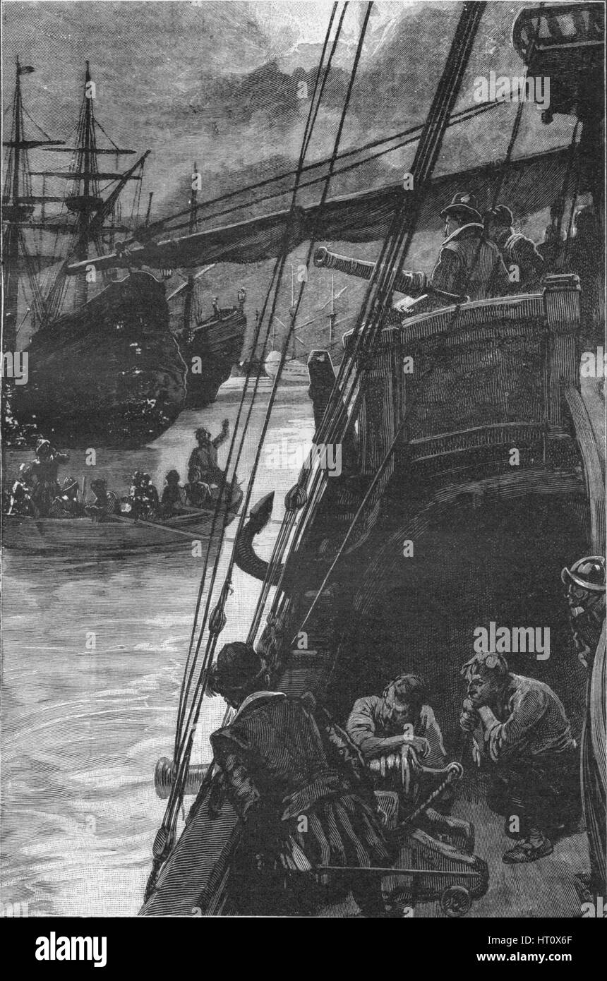 Le premier bateau anglais dans le Pacifique : Sir Francis Drake's 'Golden Hind' à Lima, 1579 (1908). Artiste : Inconnu. Banque D'Images