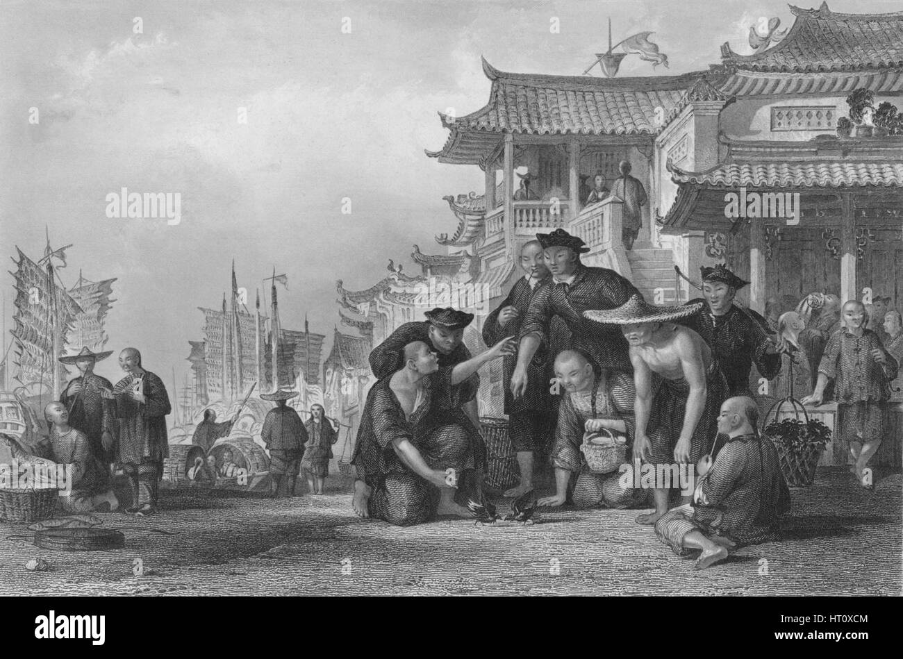 'Canton Barge-fightng Cailles', les hommes 1843. Artiste : Auguste Fox. Banque D'Images