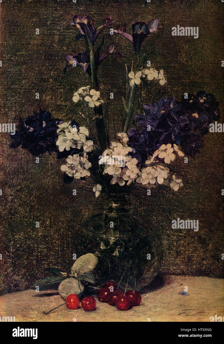 "Vase de fleurs, de cerises et d'amandes sur le tableau, la nature morte ; iris, Delphinium hybrides a Artiste : Henri Fantin-Latour. Banque D'Images