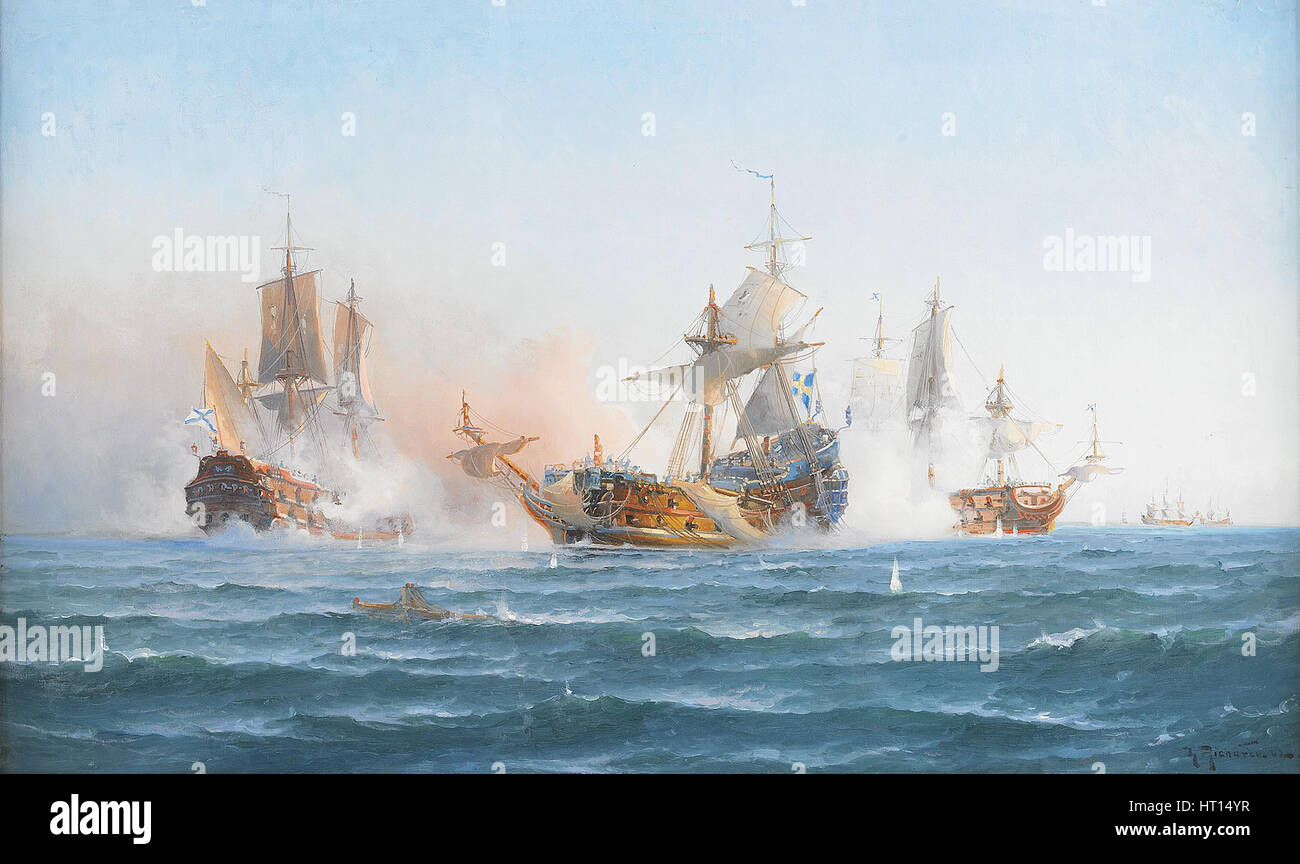 Le HMS Wachtmeister en lutte contre l'escadre russe sur Juin 4, 1719, 1902. Artiste : Richarde, Otto Ludvig (1862-1929) Banque D'Images